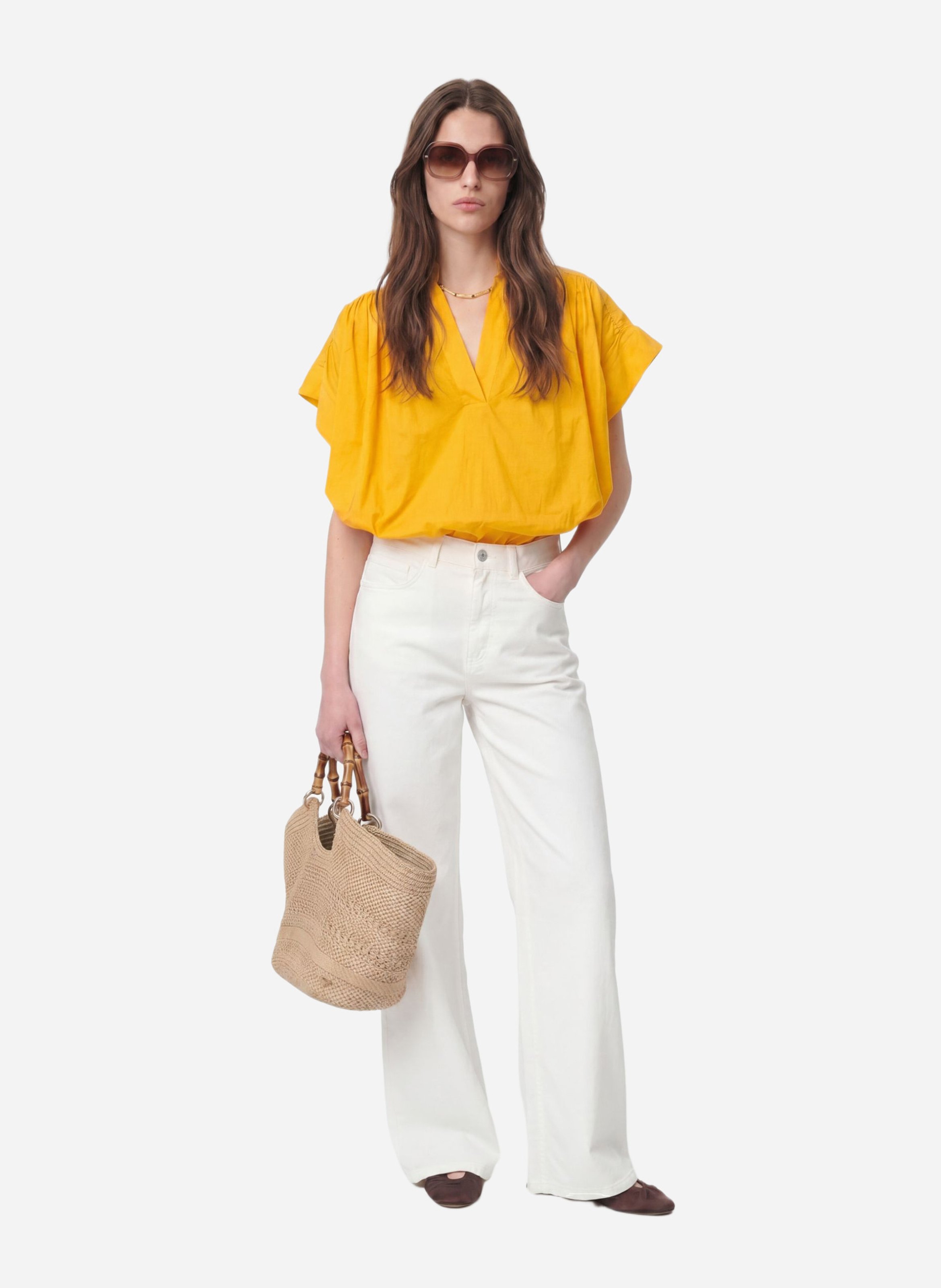 Blouse ample col V en coton Jaune
