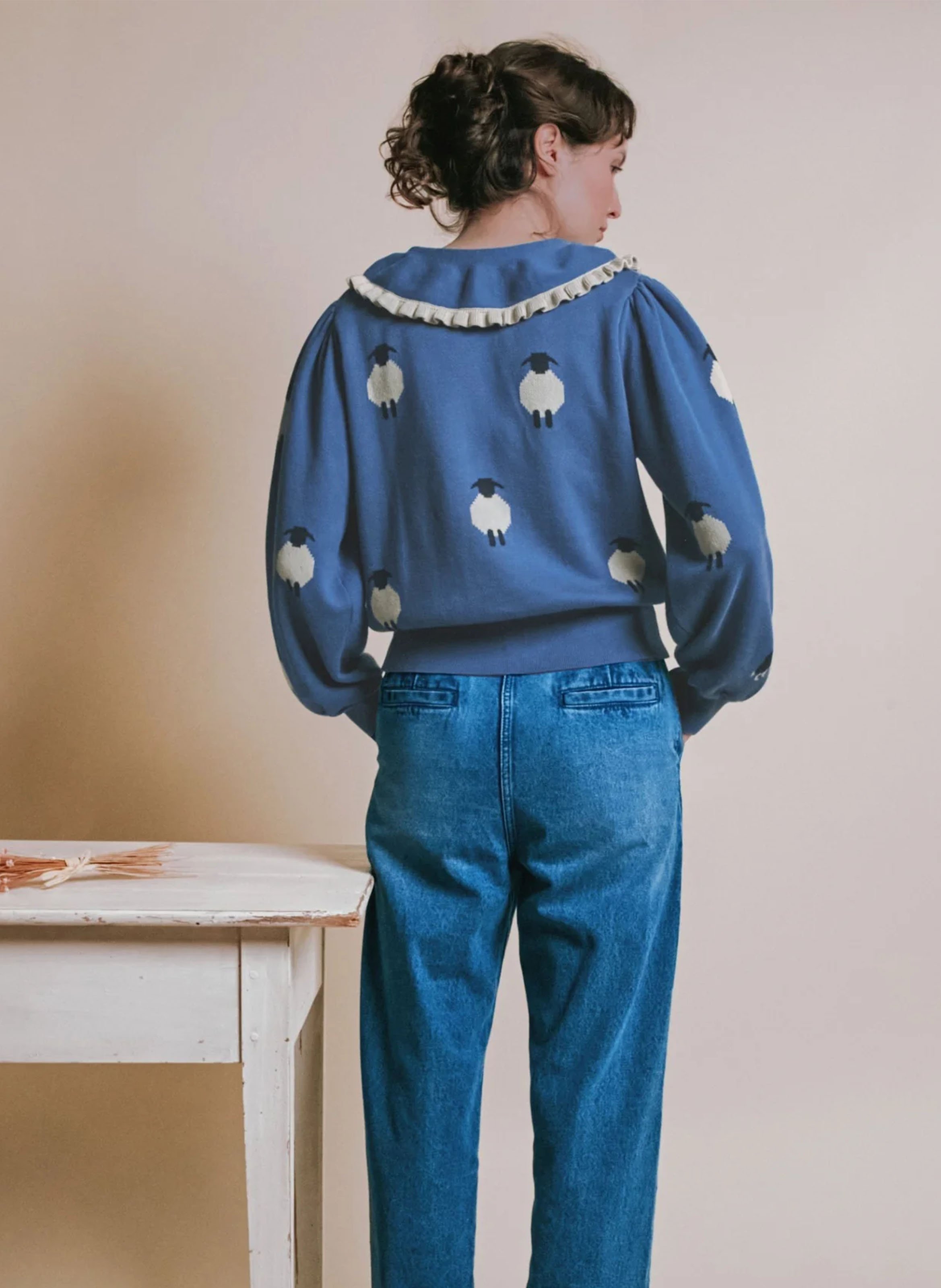 Gilet oversize col claudine en coton bio imprimé EMILE ET IDA Bleu