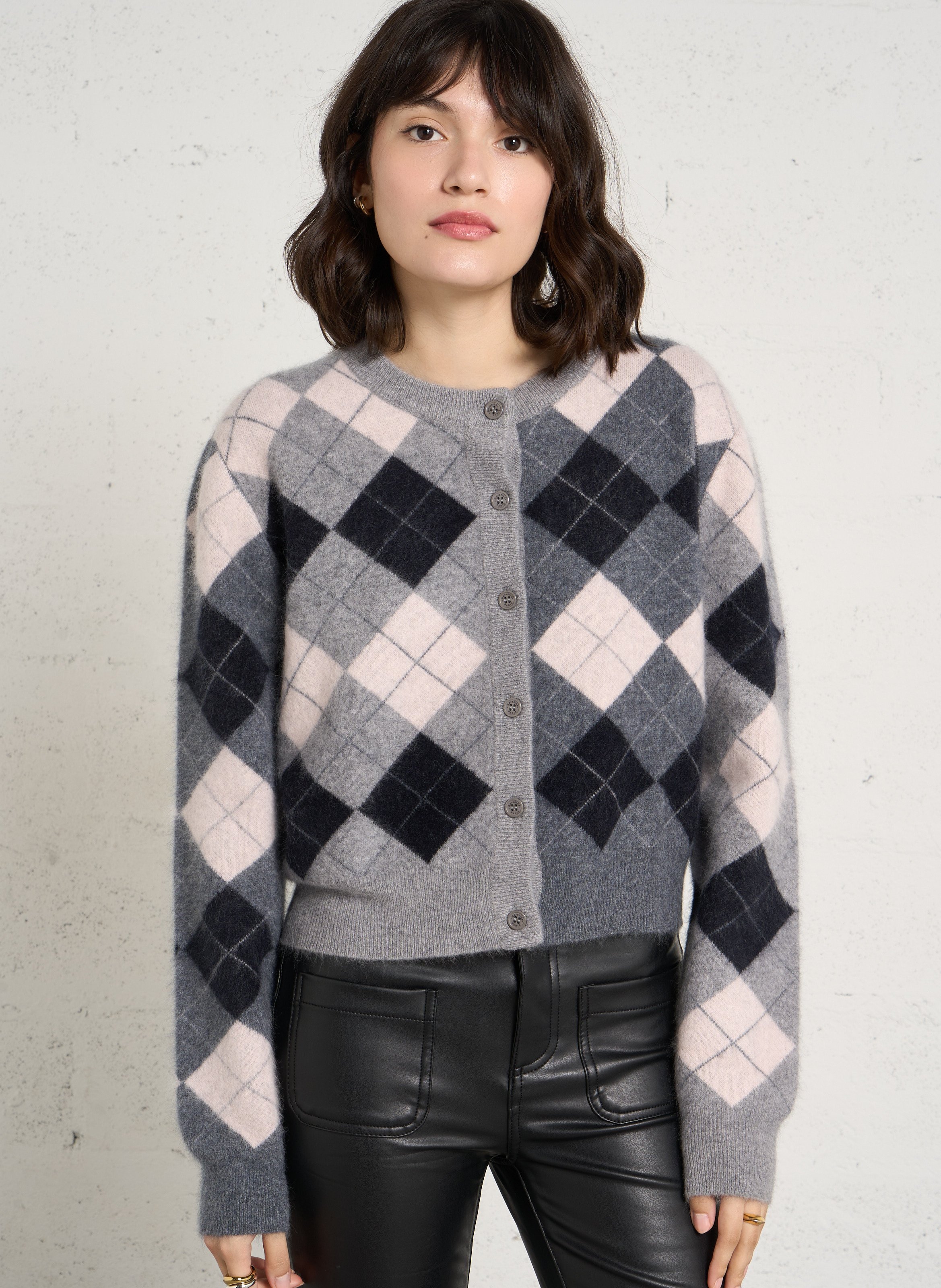 Straight-fit checked wool cardigan BERENICE Pink