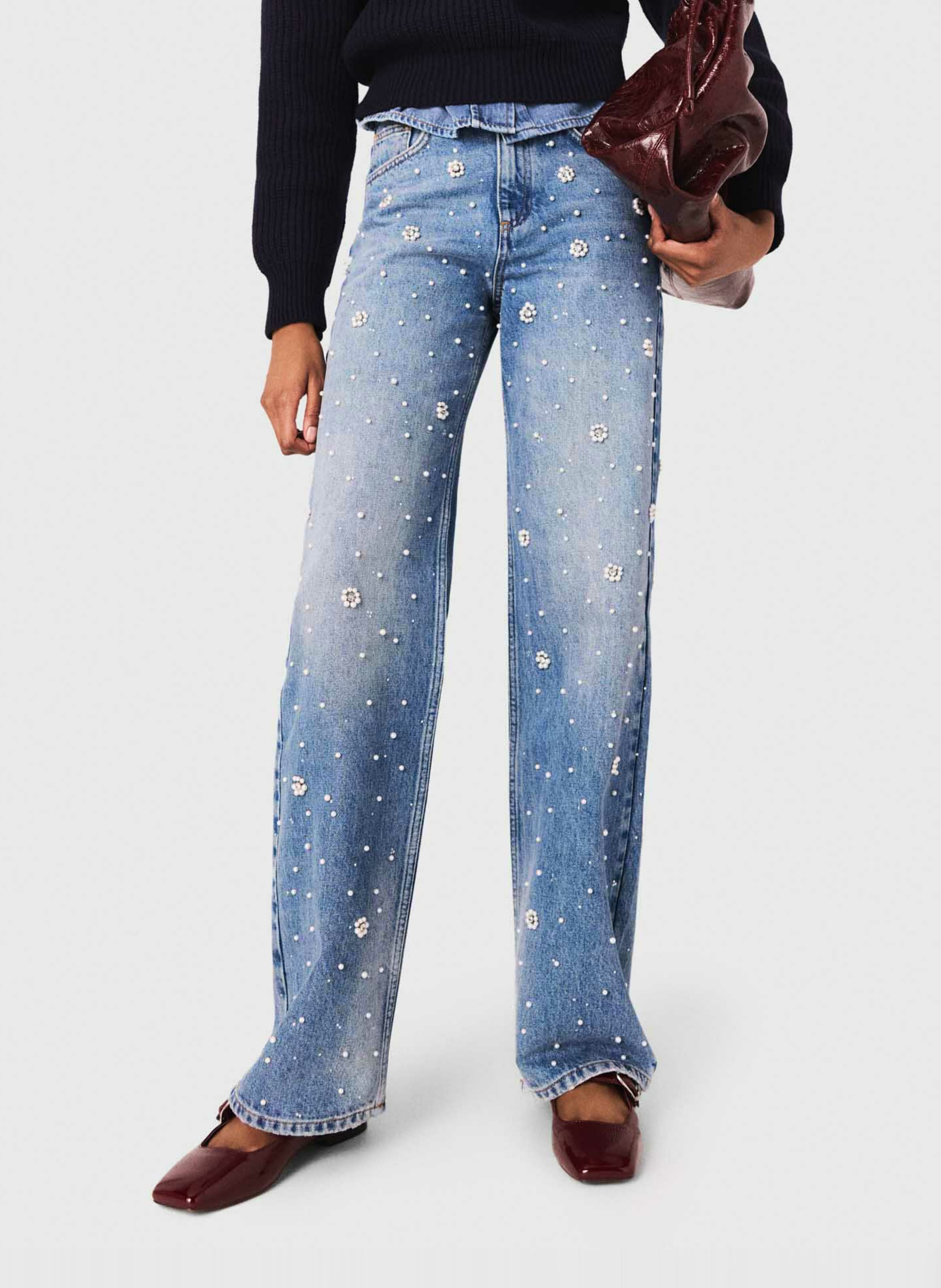 Rechte jeans met hoge taille en bloemenborduursels MAJE Blauw