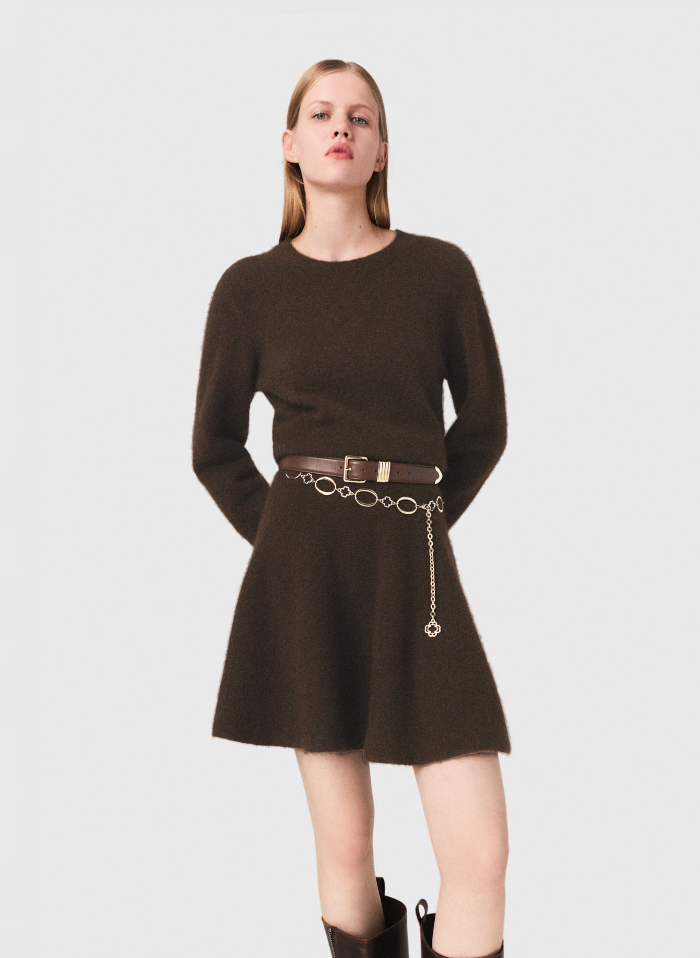 Solid Skater Dress in Mixed Wool MAJE Brown