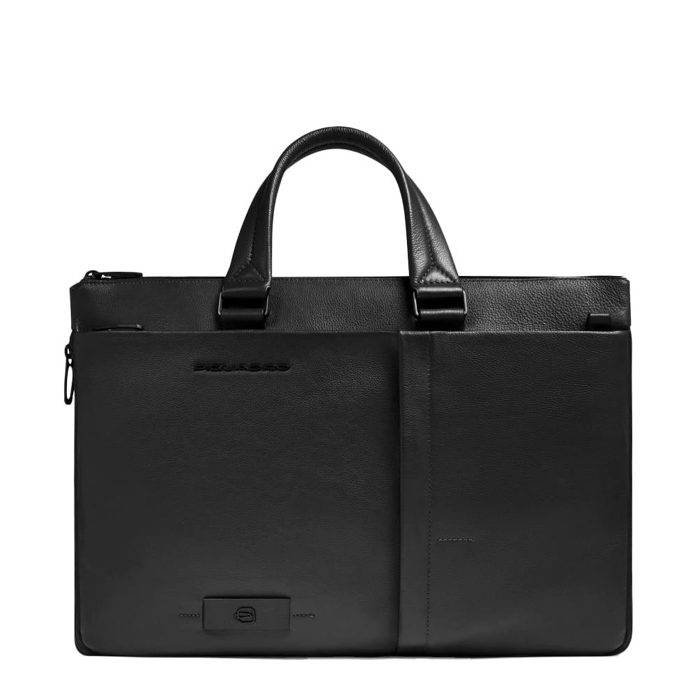 Slim leather laptop bag with iPad® compartment and shock protection PIQUADRO Black