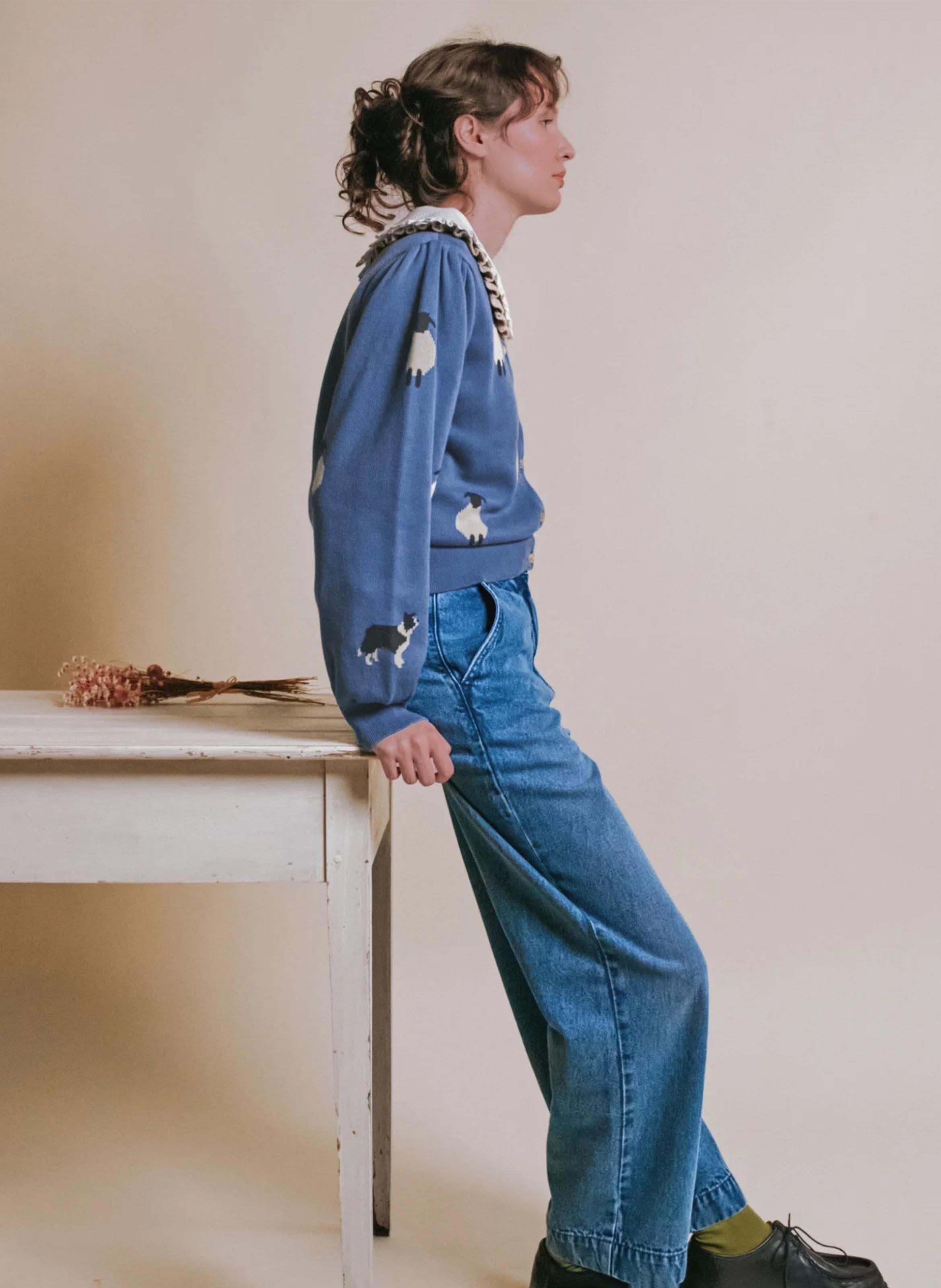 Gilet oversize col claudine en coton bio imprimé EMILE ET IDA Bleu