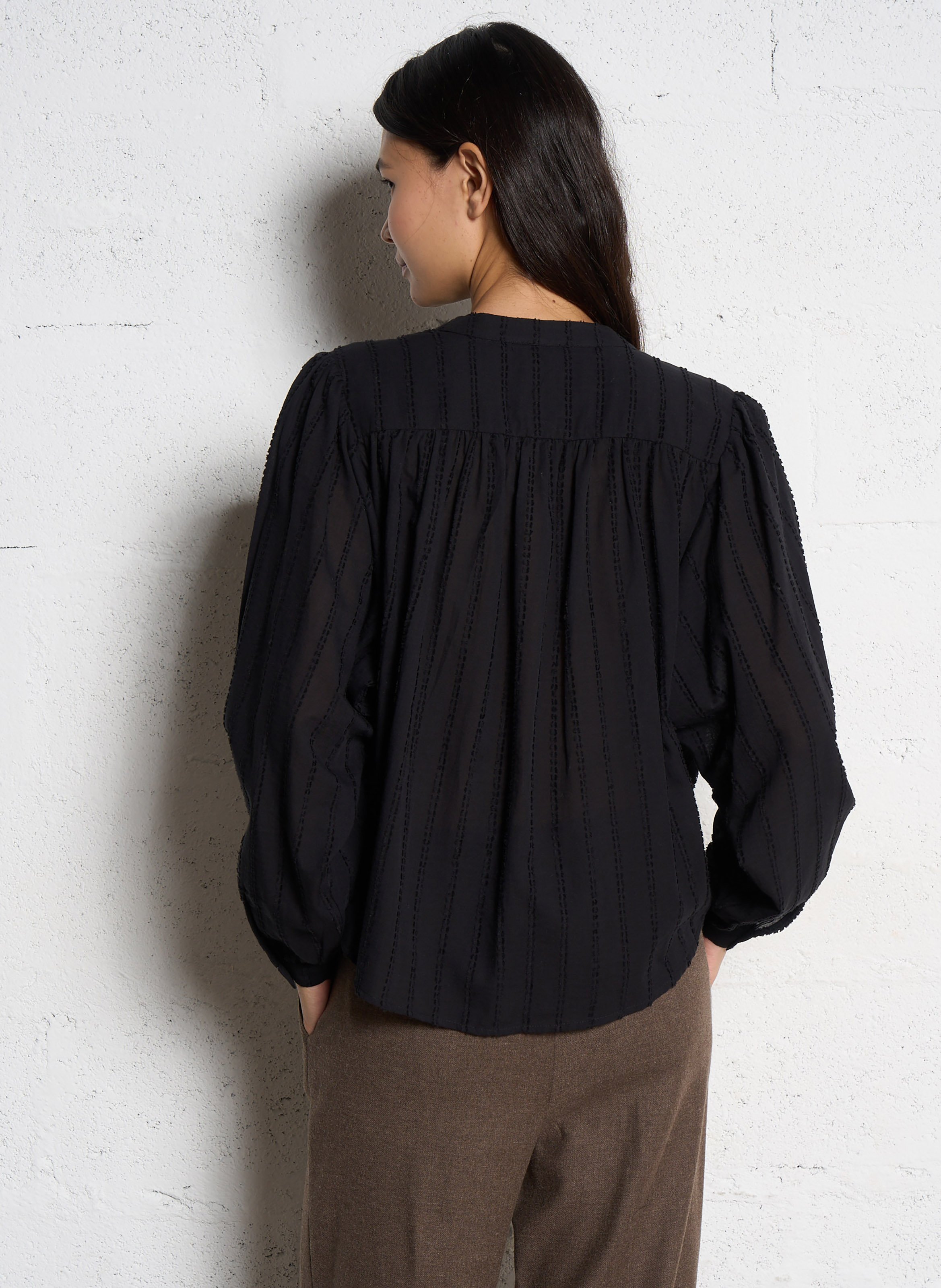 Oversized blouse met ronde hals in katoenen plumetis SACRECOEUR Zwart