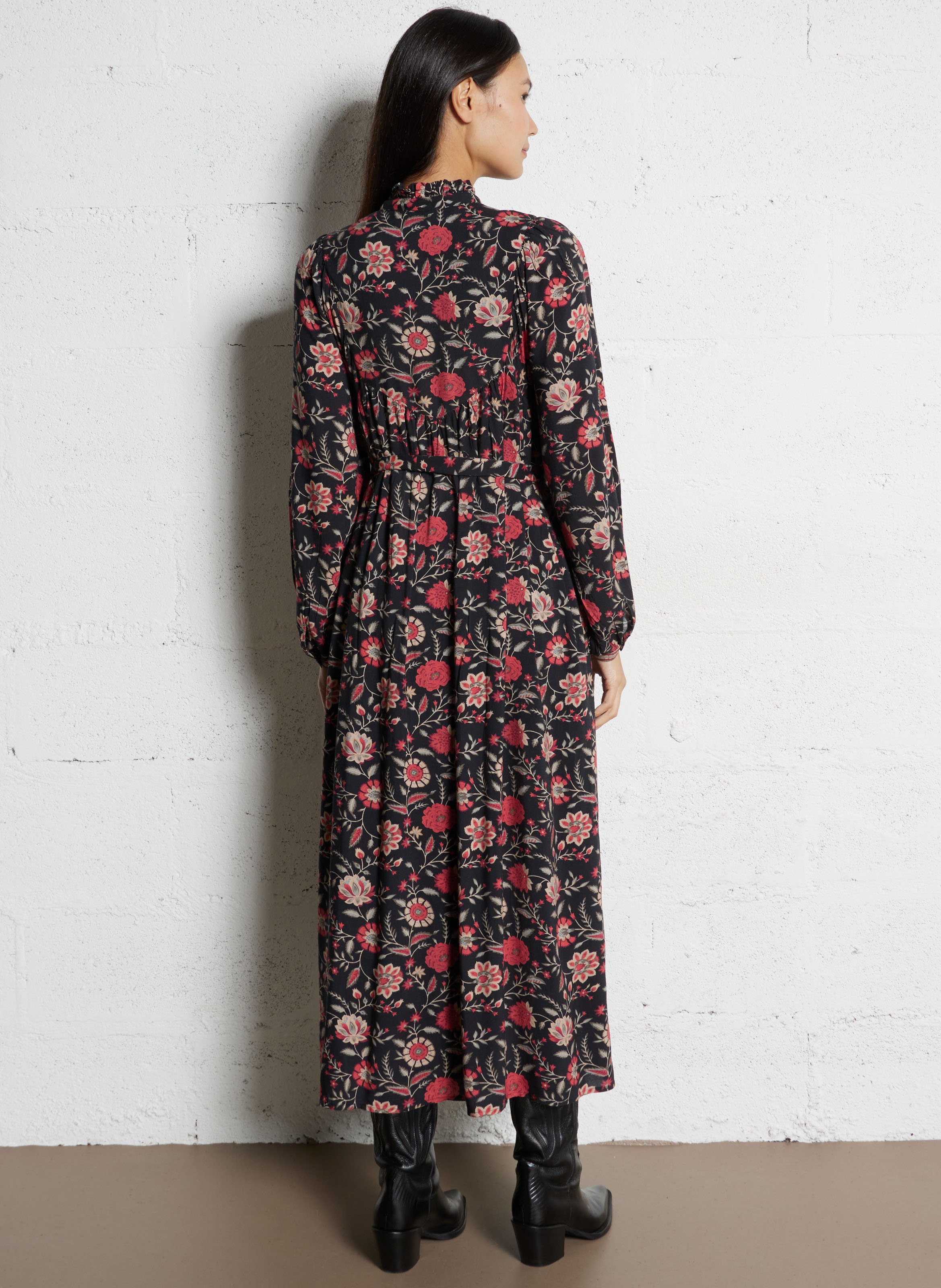 Long dress with floral print and Victorian collar PETITE MENDIGOTE Black
