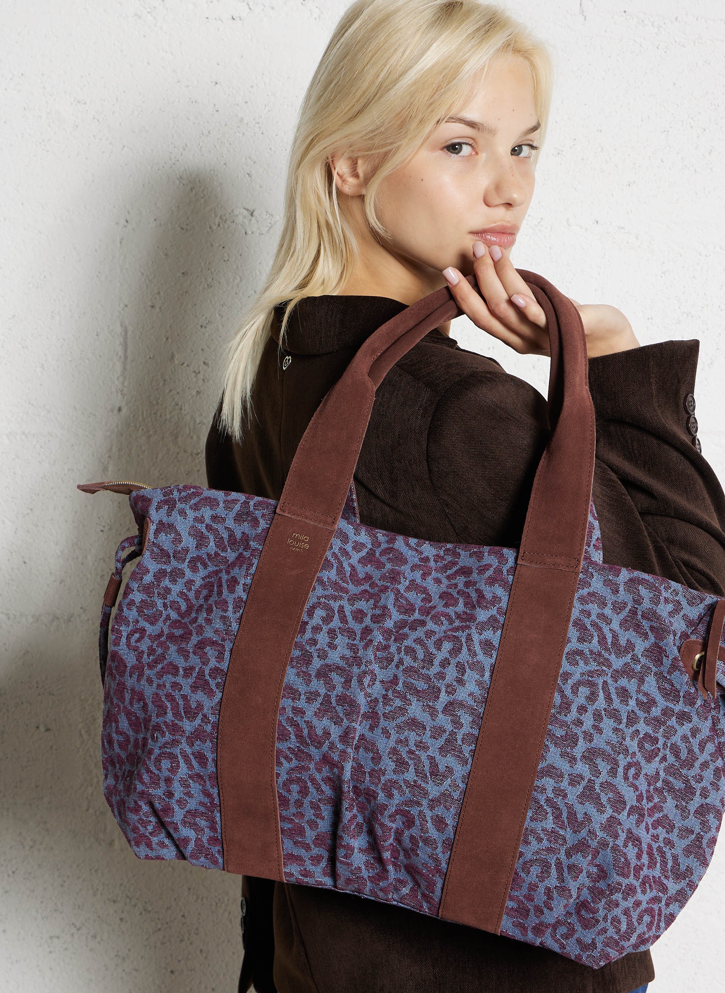 Shopper van bedrukte jacquard MILA LOUISE Bruin