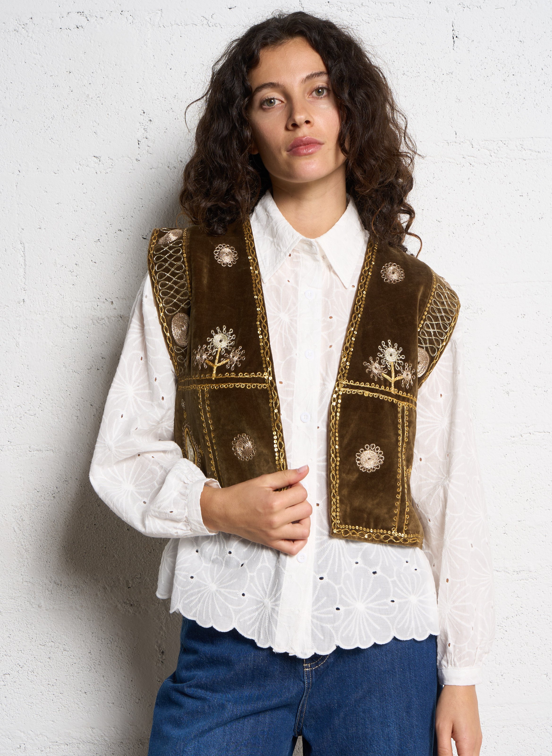 Velvet short bolero with embroidery V DE VINSTER Khaki