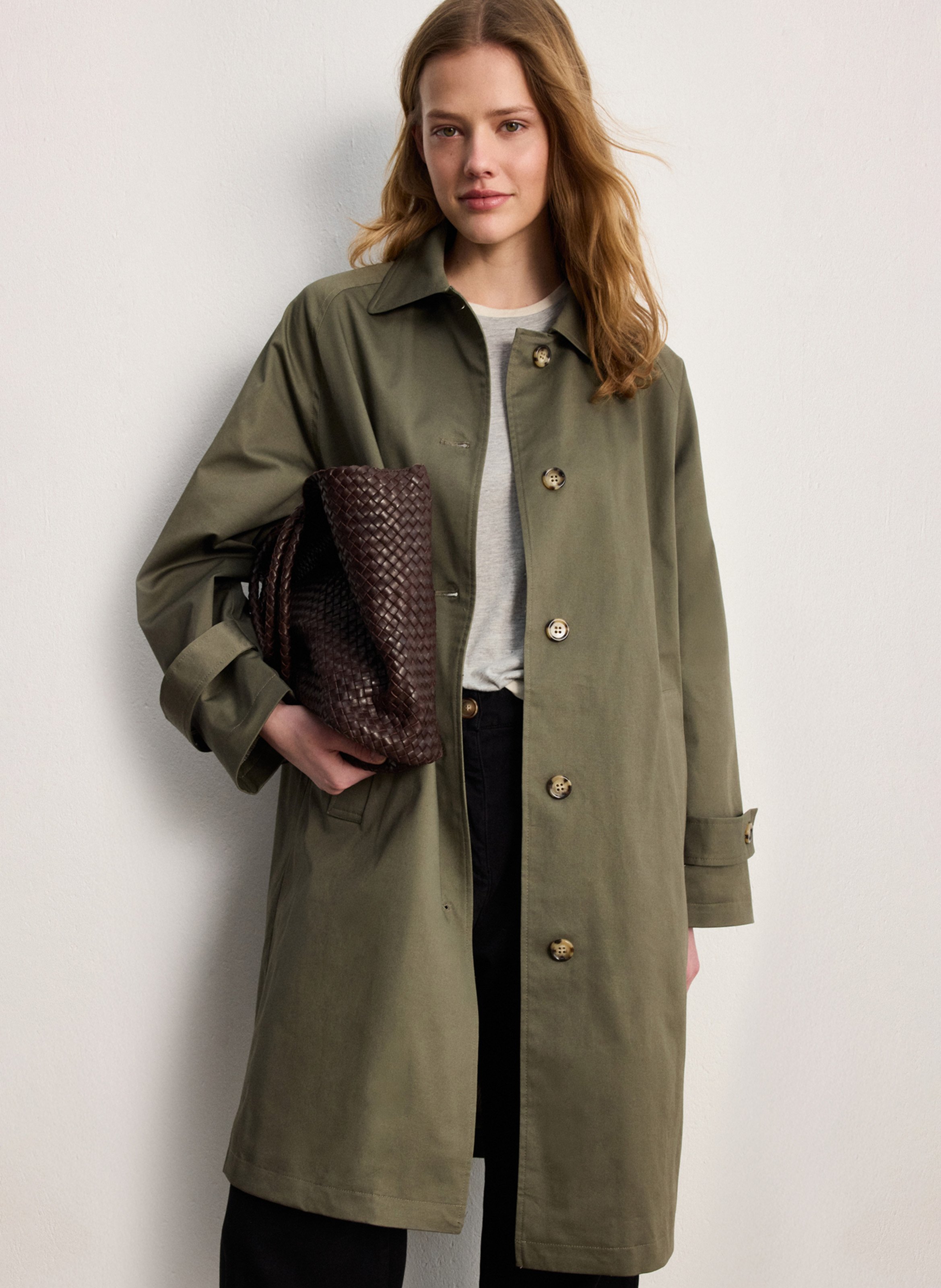 Straight coat with classic collar in blended cotton PABLO Khaki