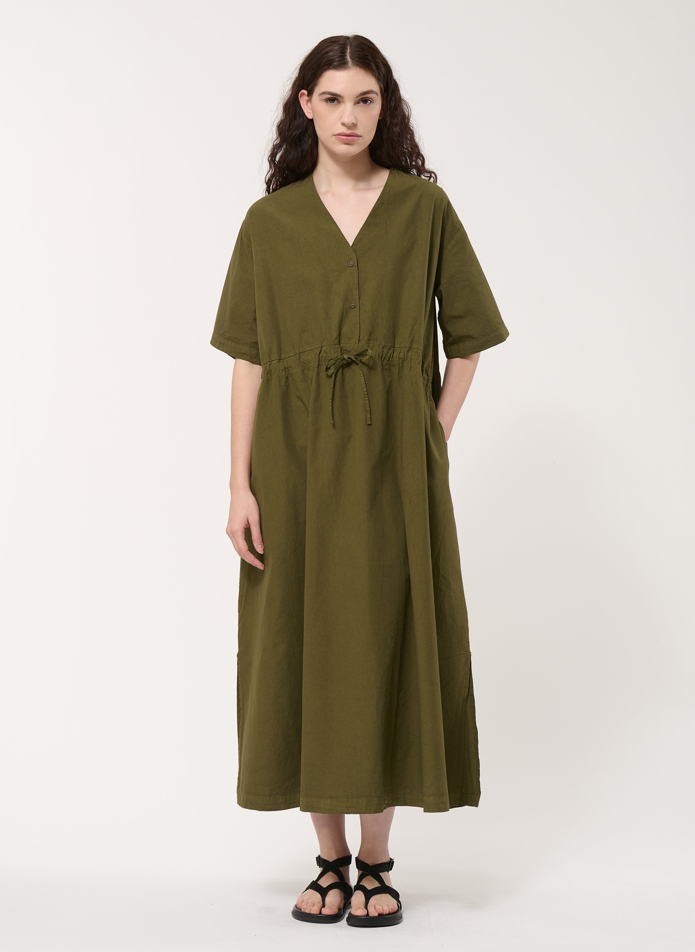 Robe longue ample col V unie HUMILITY Vert