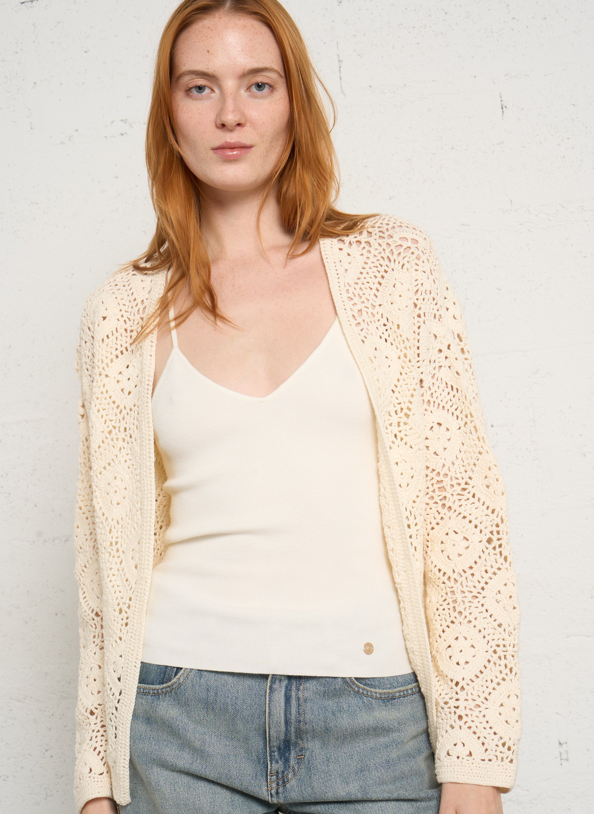 Mouwloze blouse van spijkerstof met klassieke kraag SUD EXPRESS Beige