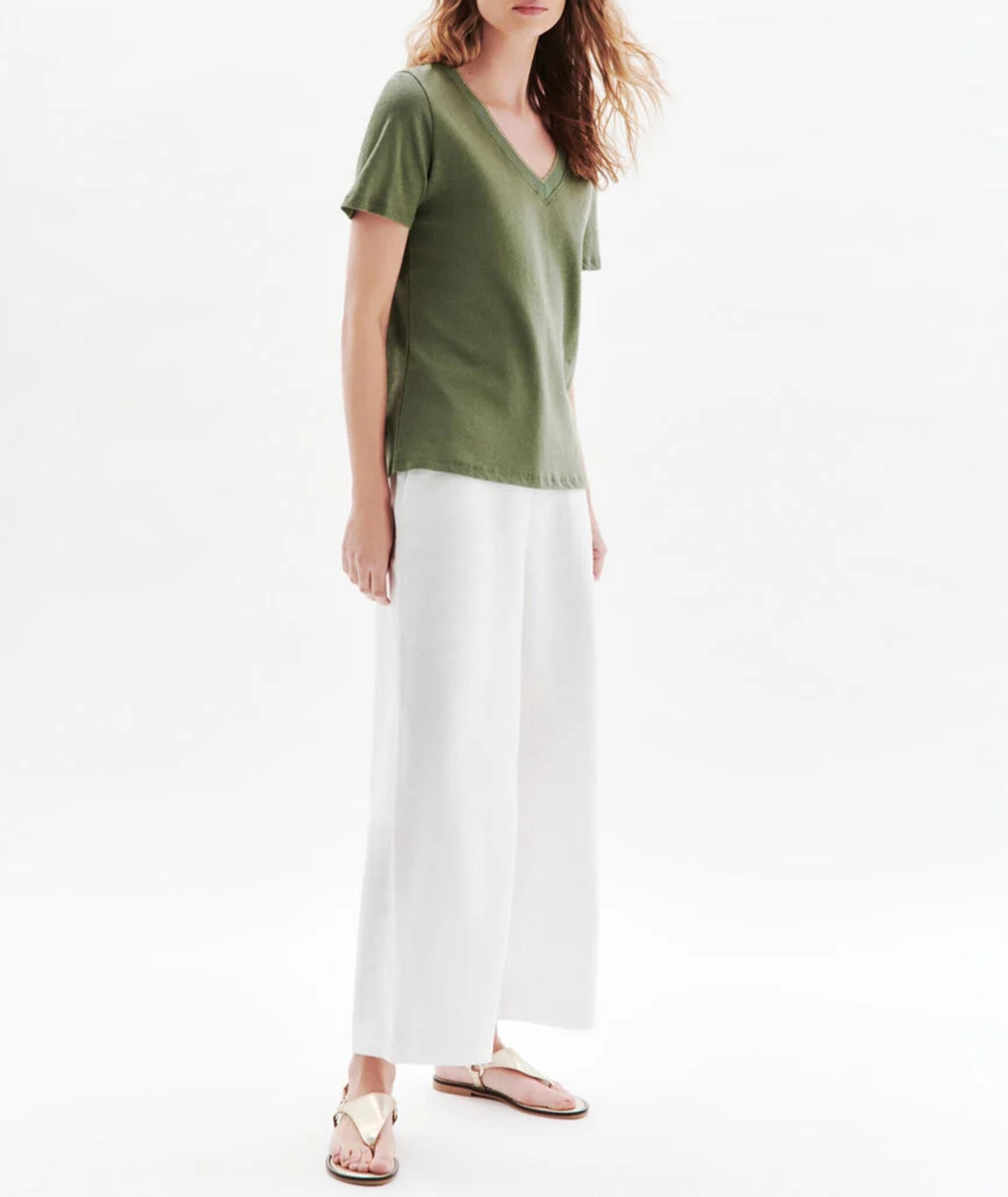 Straight cotton-blend V-neck T-shirt CAROLL Green