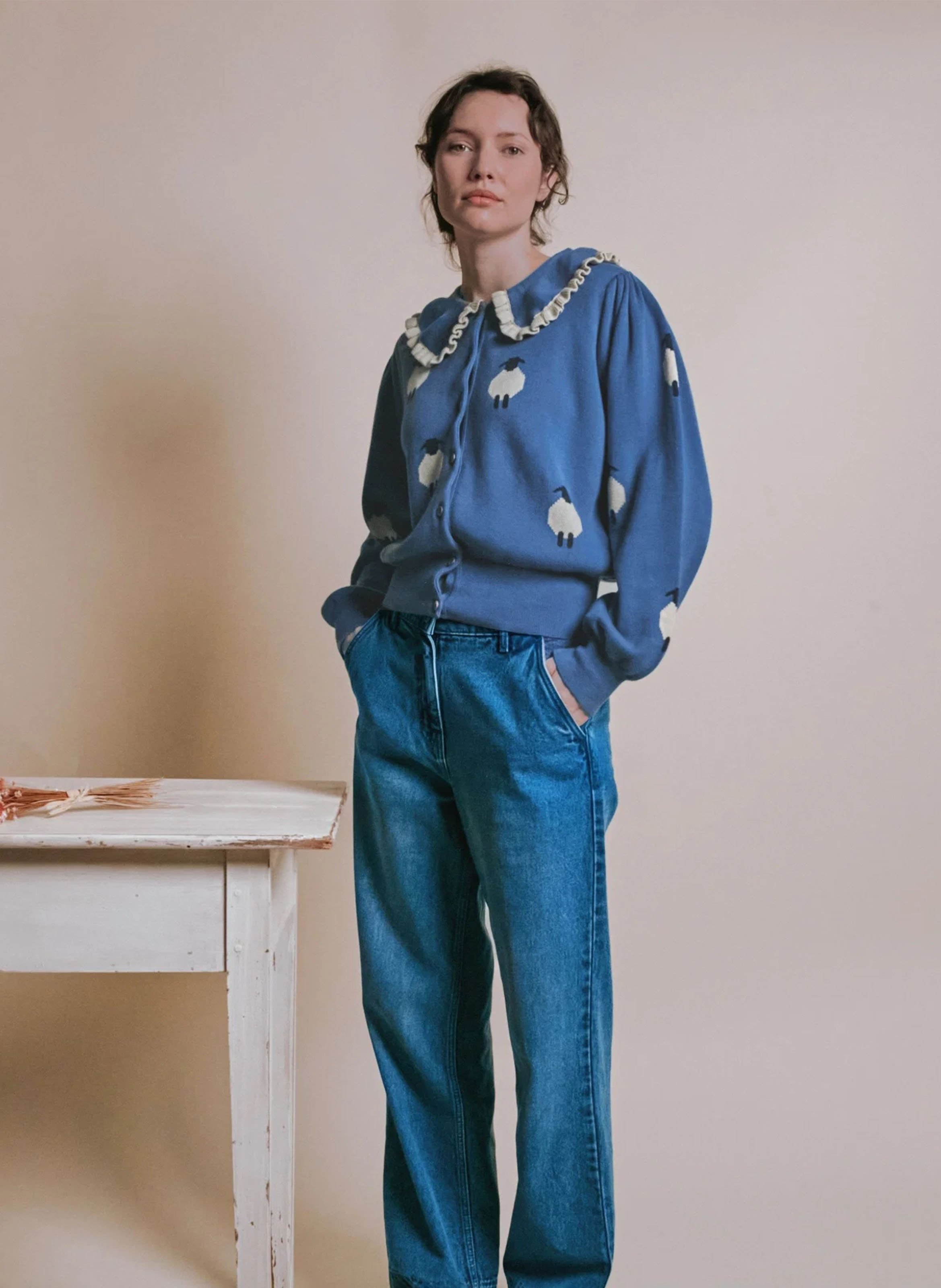 Gilet oversize col claudine en coton bio imprimé EMILE ET IDA Bleu