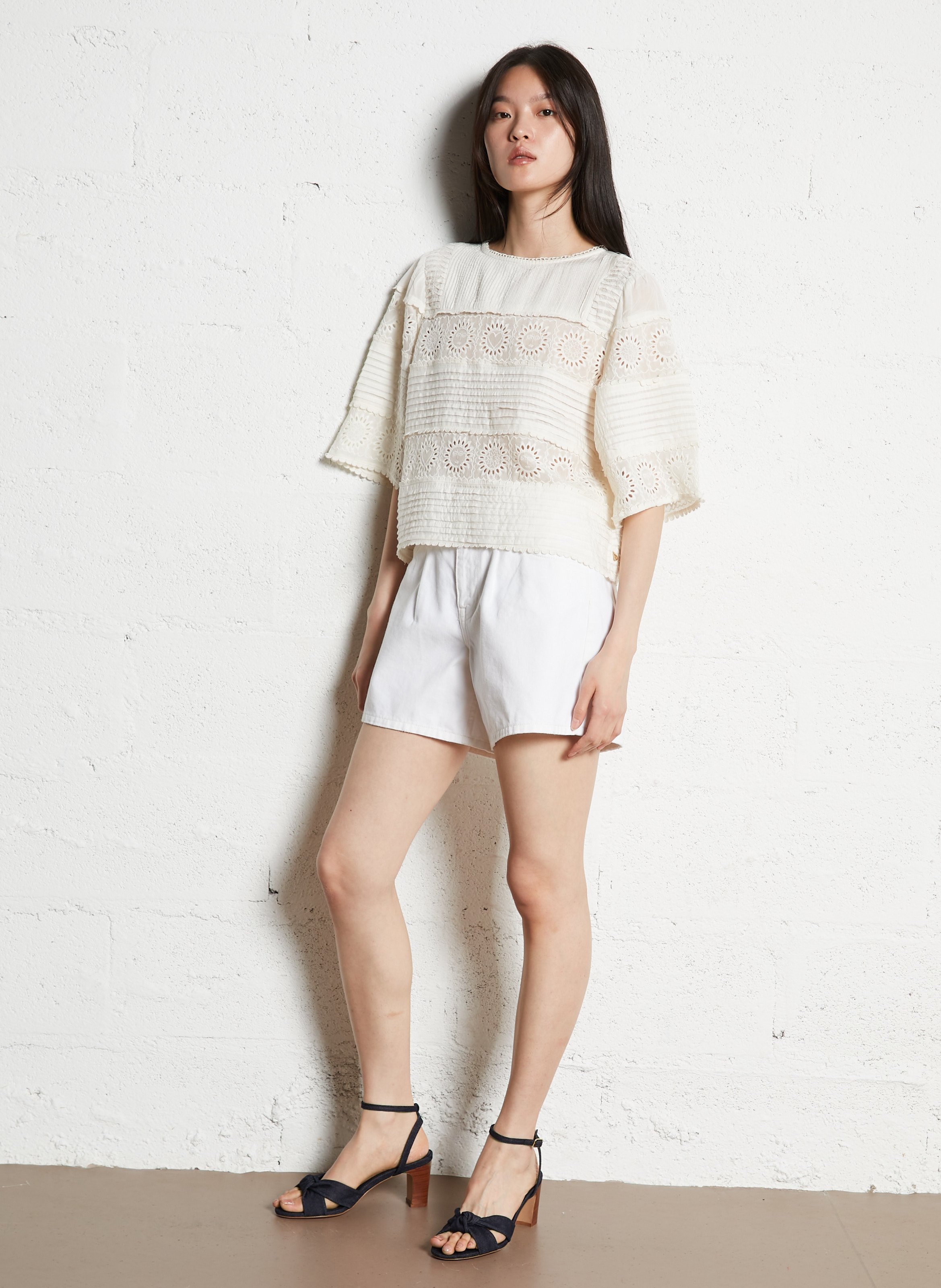 Top ample col rond brodé Blanc