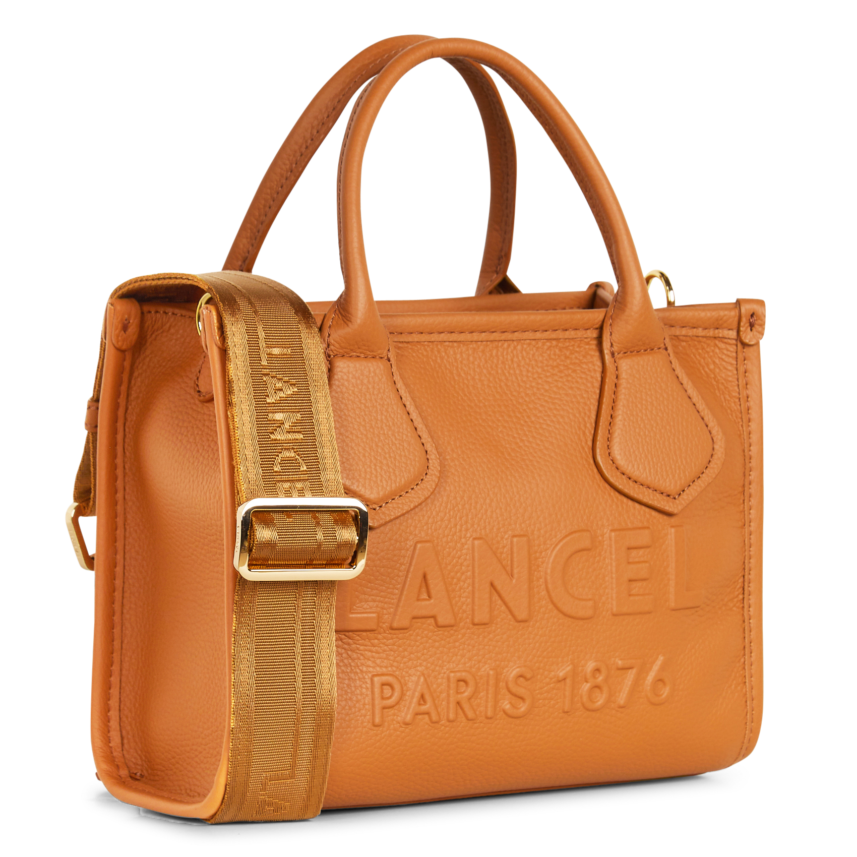 Sac porté main à logo débossé en cuir grainé LANCEL Beige