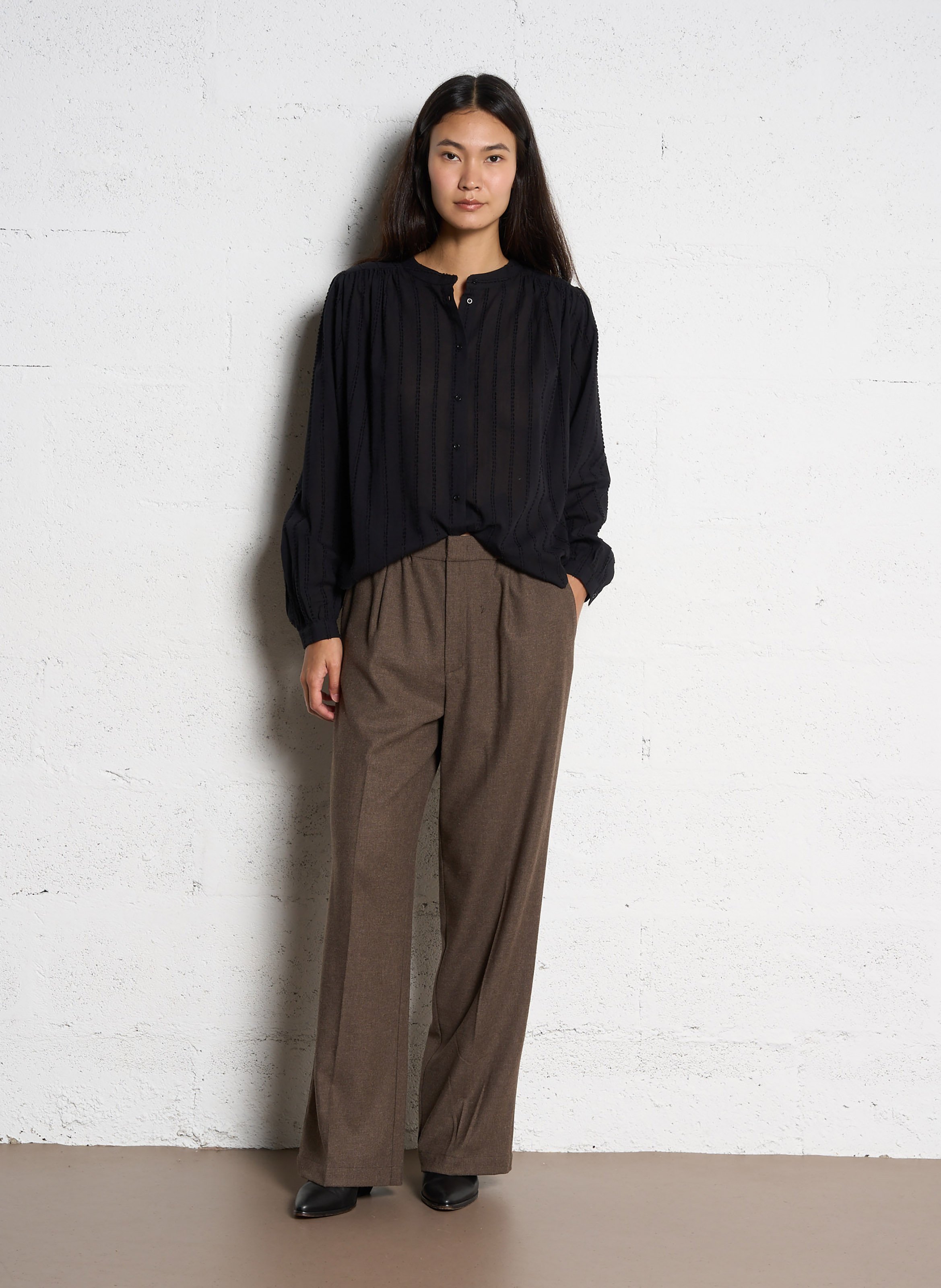 Pantalon taille haute uni à plis POMANDERE Marron