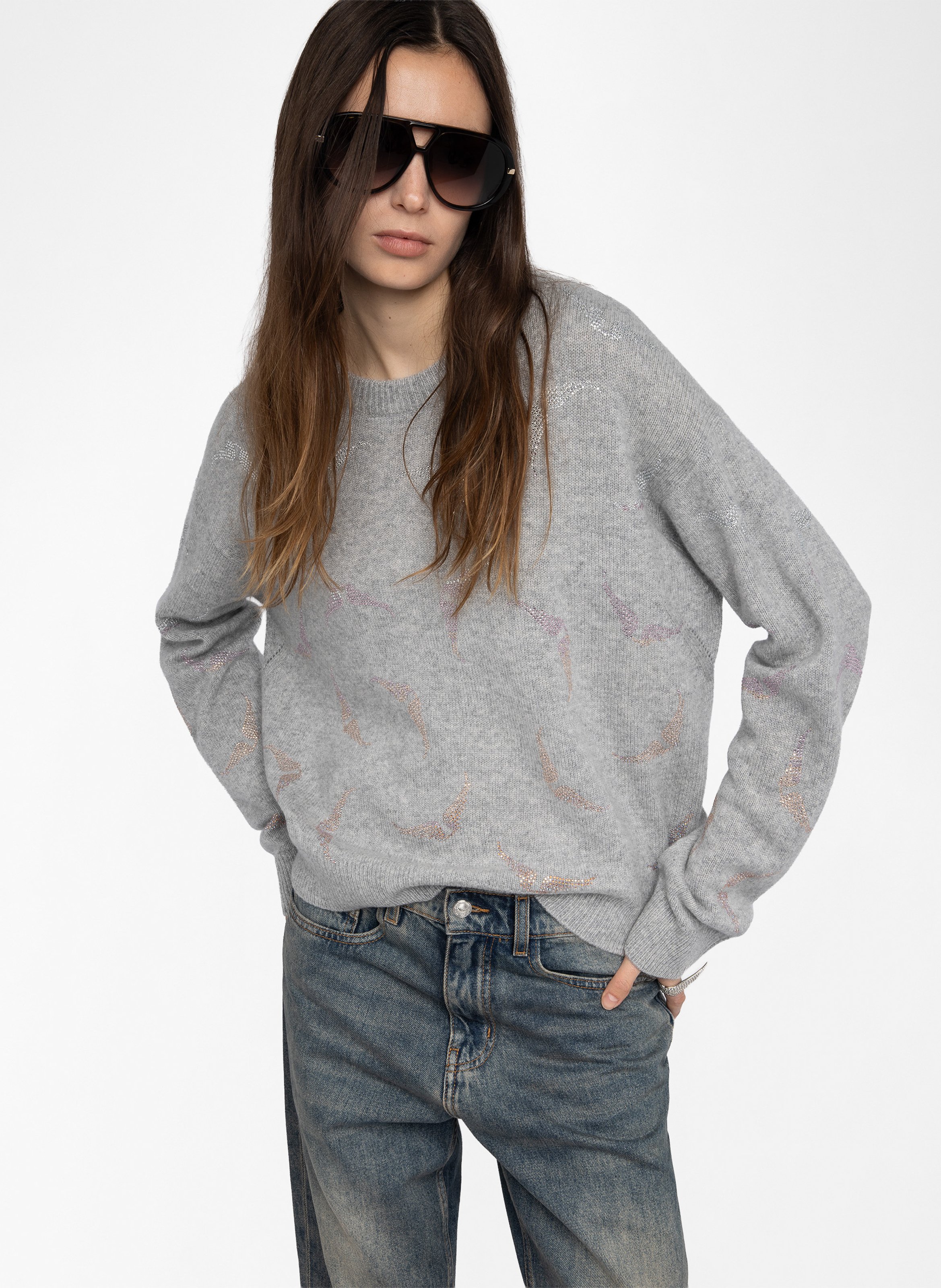 Pull droit col rond en cachemire imprimé ZADIG&VOLTAIRE Gris