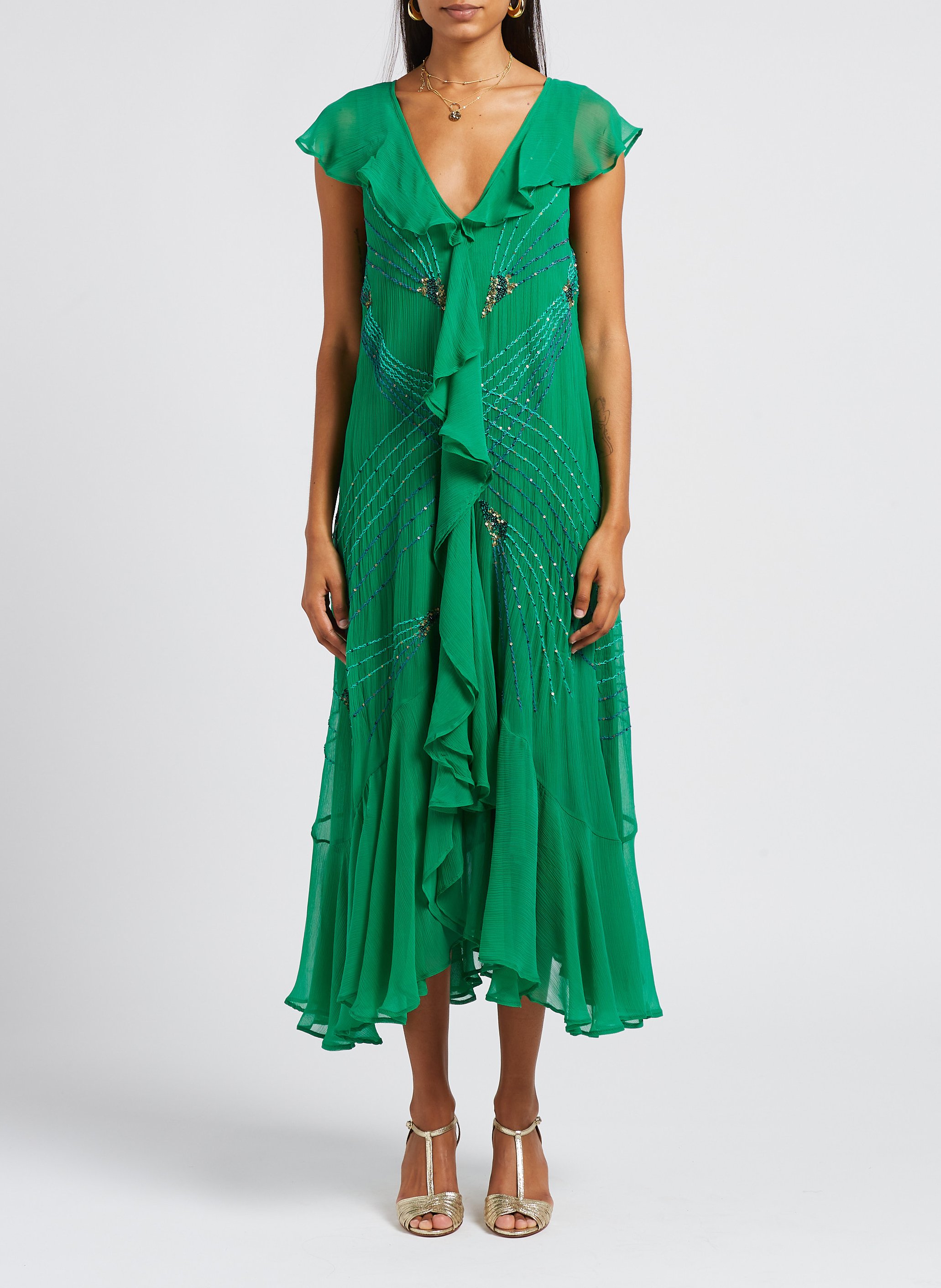 Robe longue volantée à sequins MES DEMOISELLES Vert