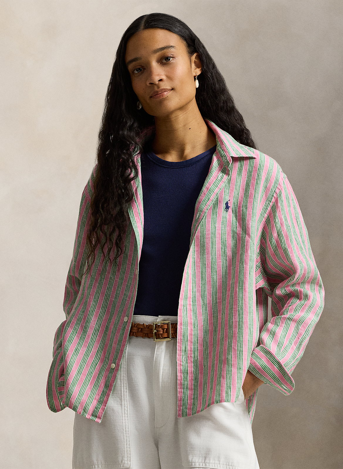 Ruimvallende, linnen blouse met klassieke kraag en print POLO RALPH LAUREN Rood