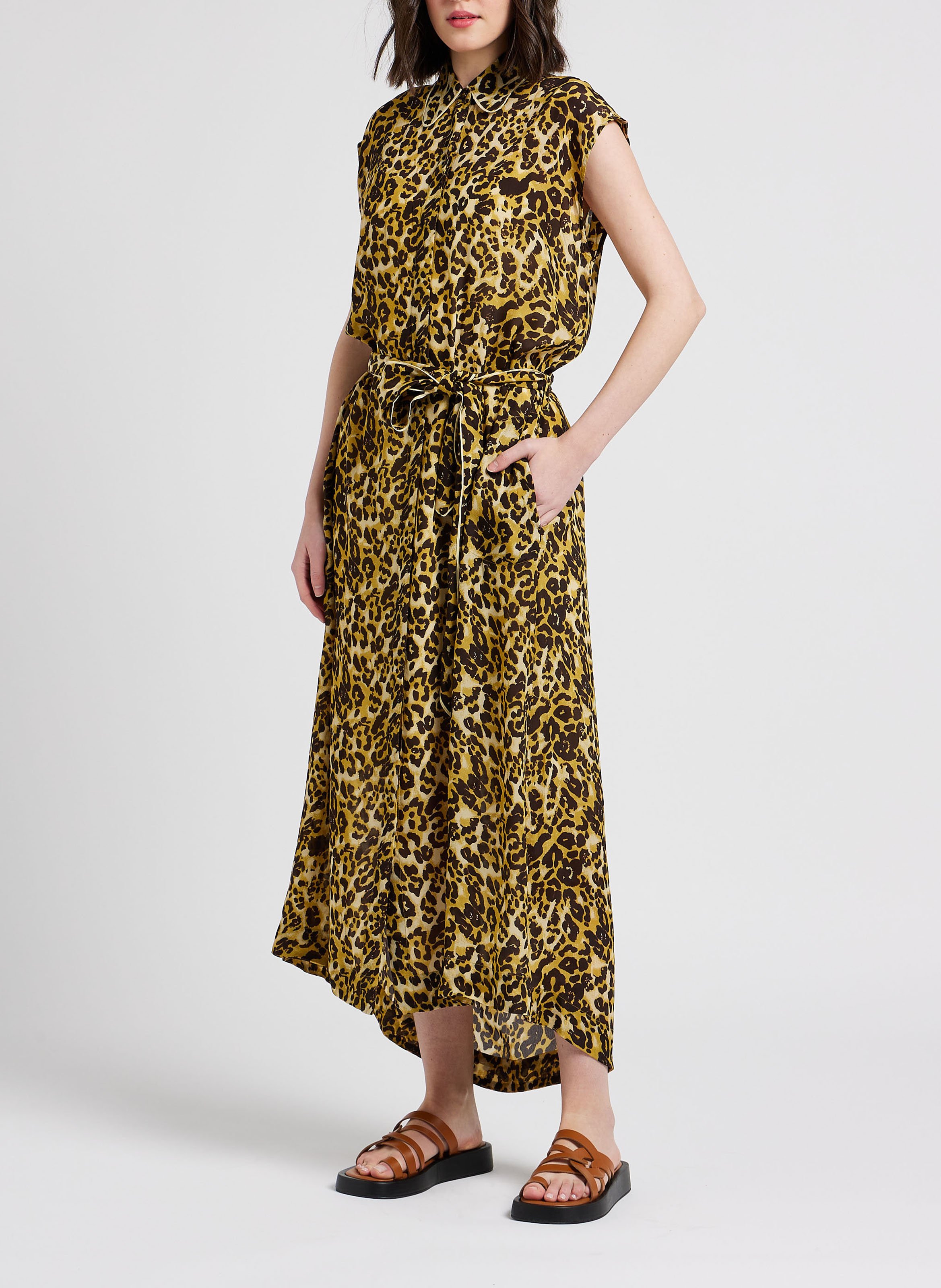 Robe longue col classique imprimée léopard  SWILDENS Blanc