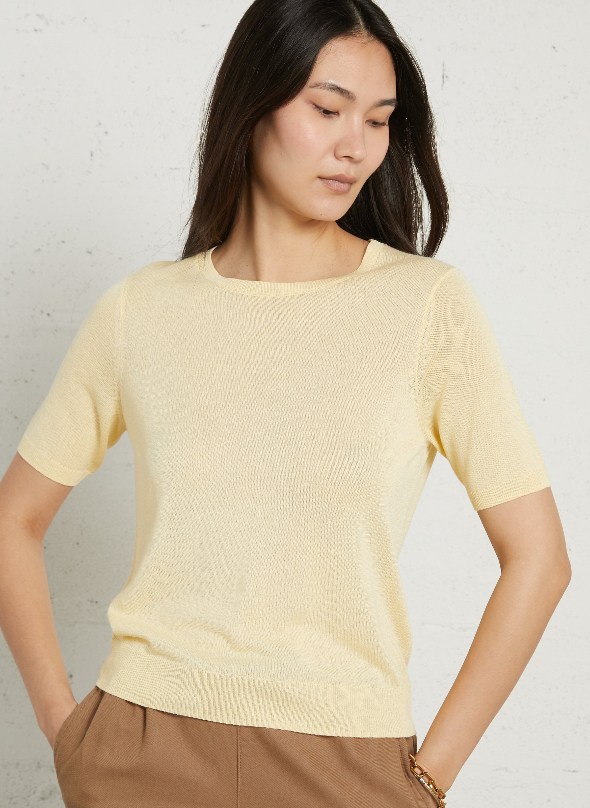 Short-sleeved knit sweater in solid fine knit MAISON 123