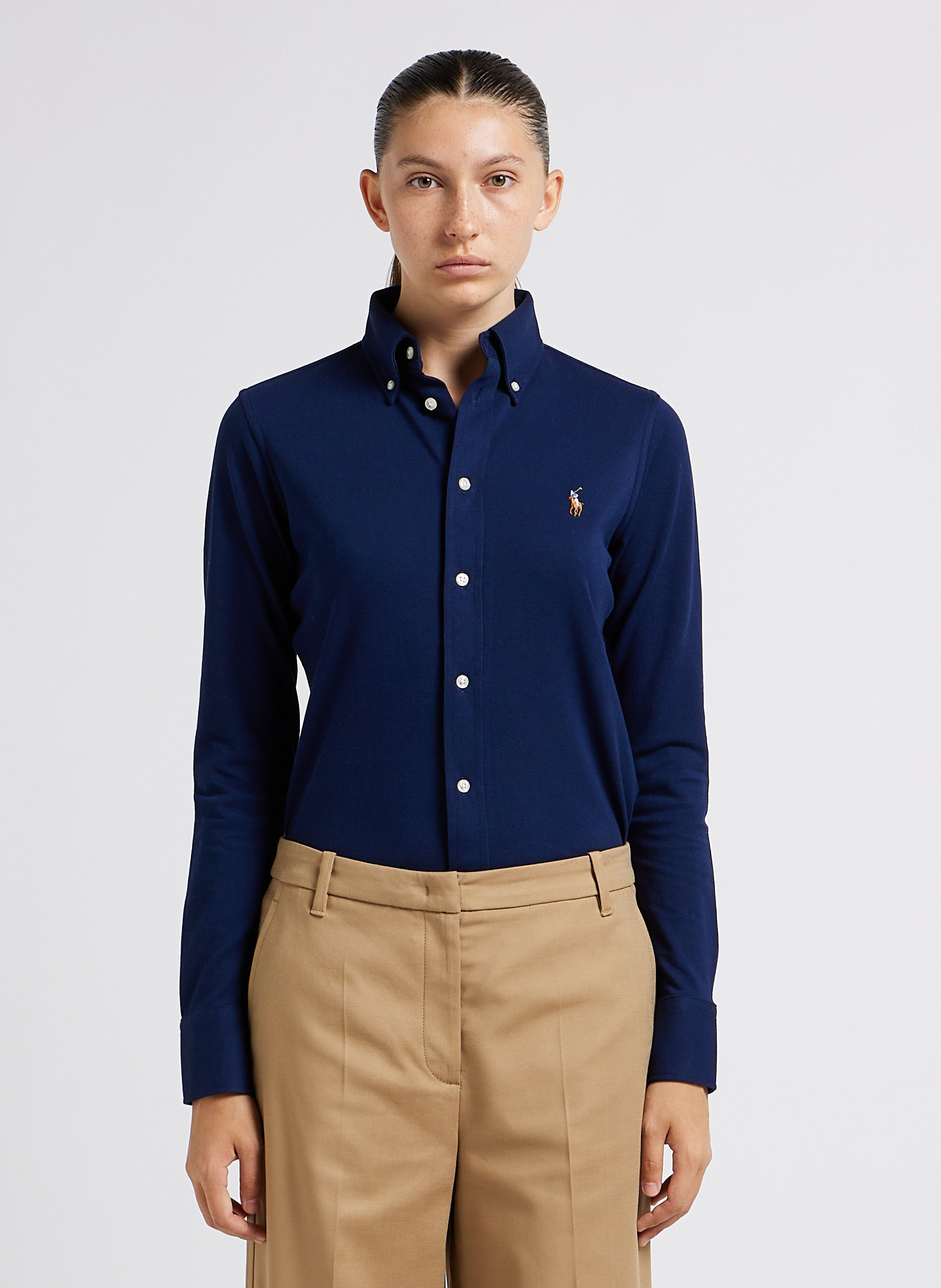 Blue Fitted cotton shirt with button down collar