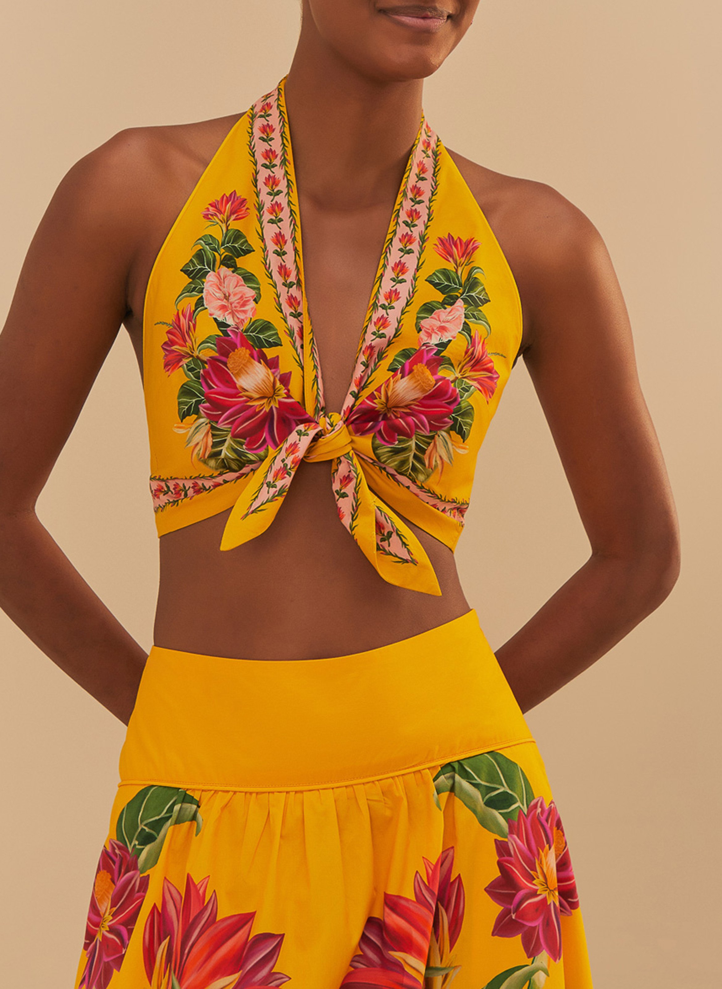 Floral print high-neck top FARM RIO Yellow