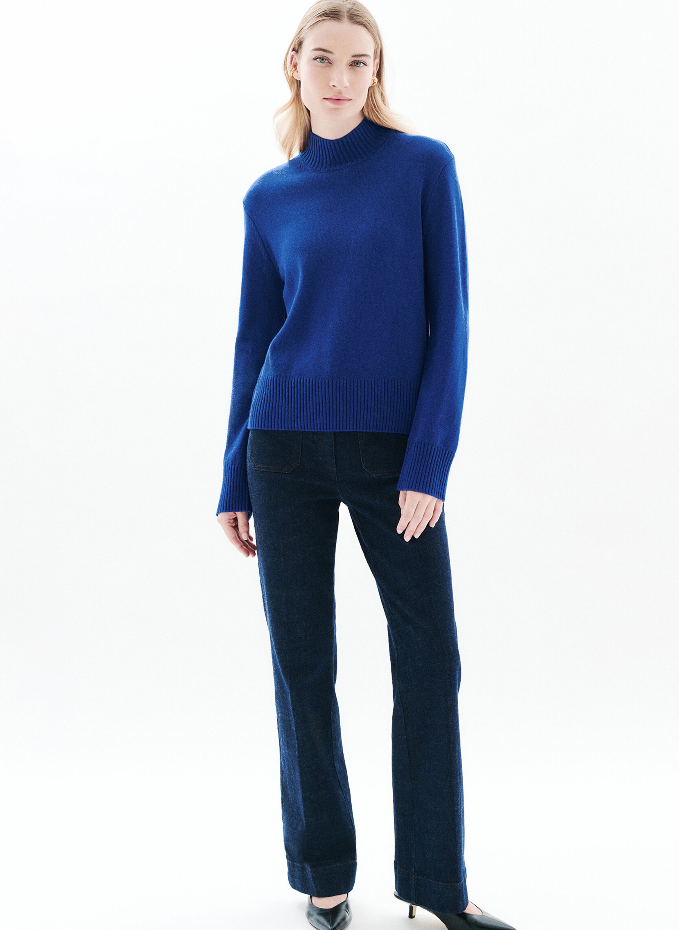 Pull droit col montant en laine mélangée CAROLL Bleu