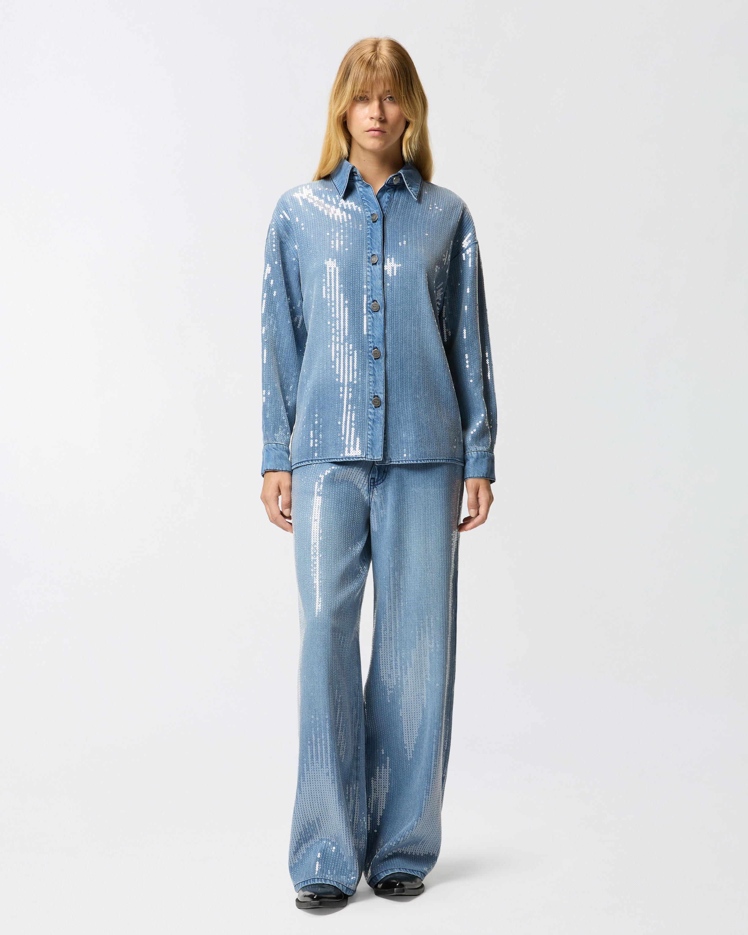 Denim overshirt fully embellished with sequins PINKO Blue