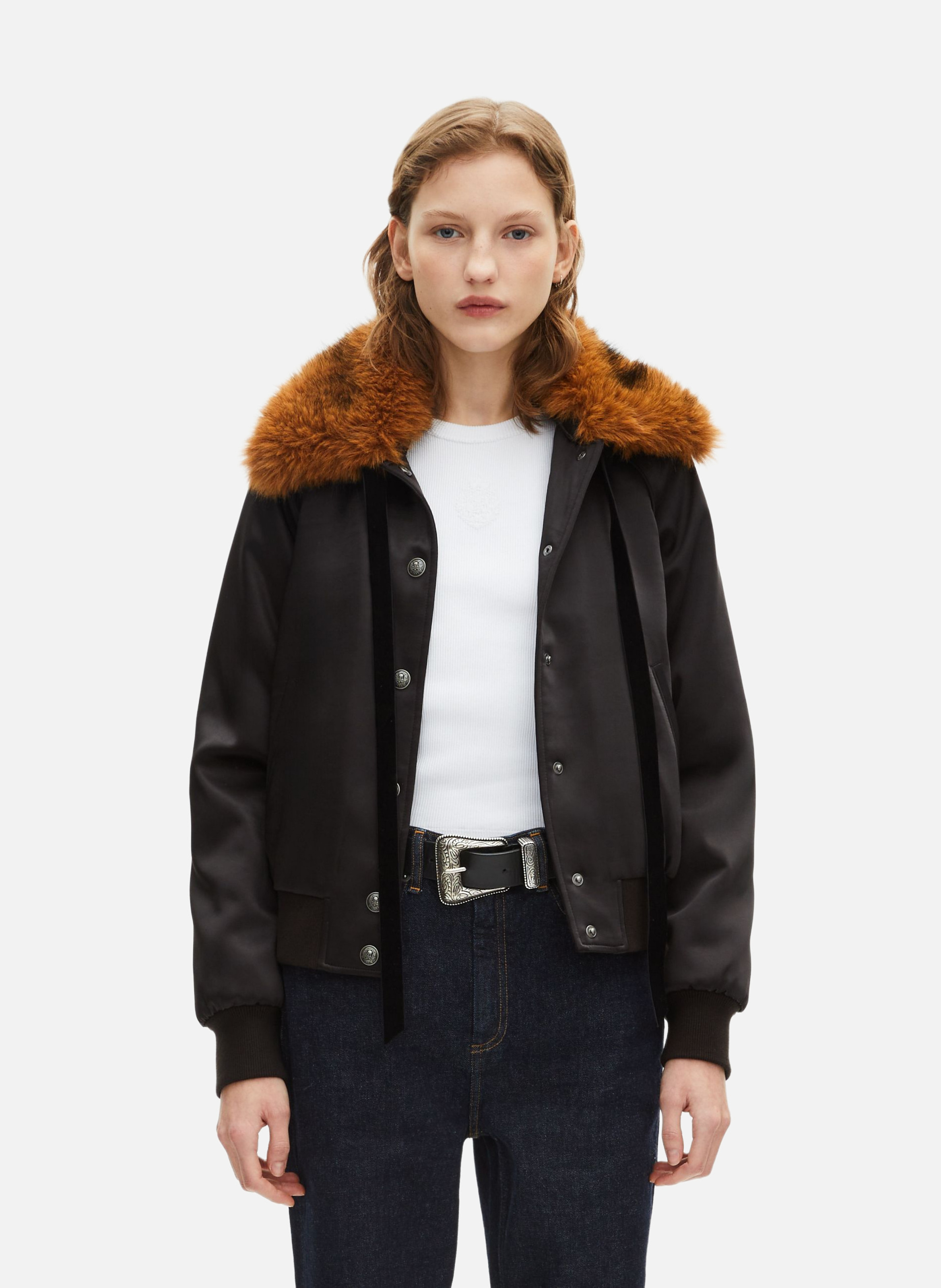 Satin bomber jacket with fur collar THE KOOPLES Black