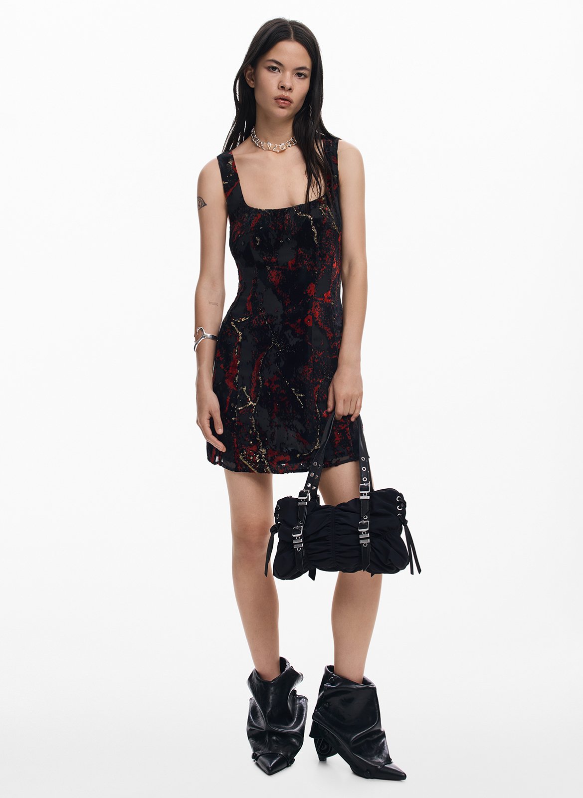 Robe courte col carré imprimée DESIGUAL Noir