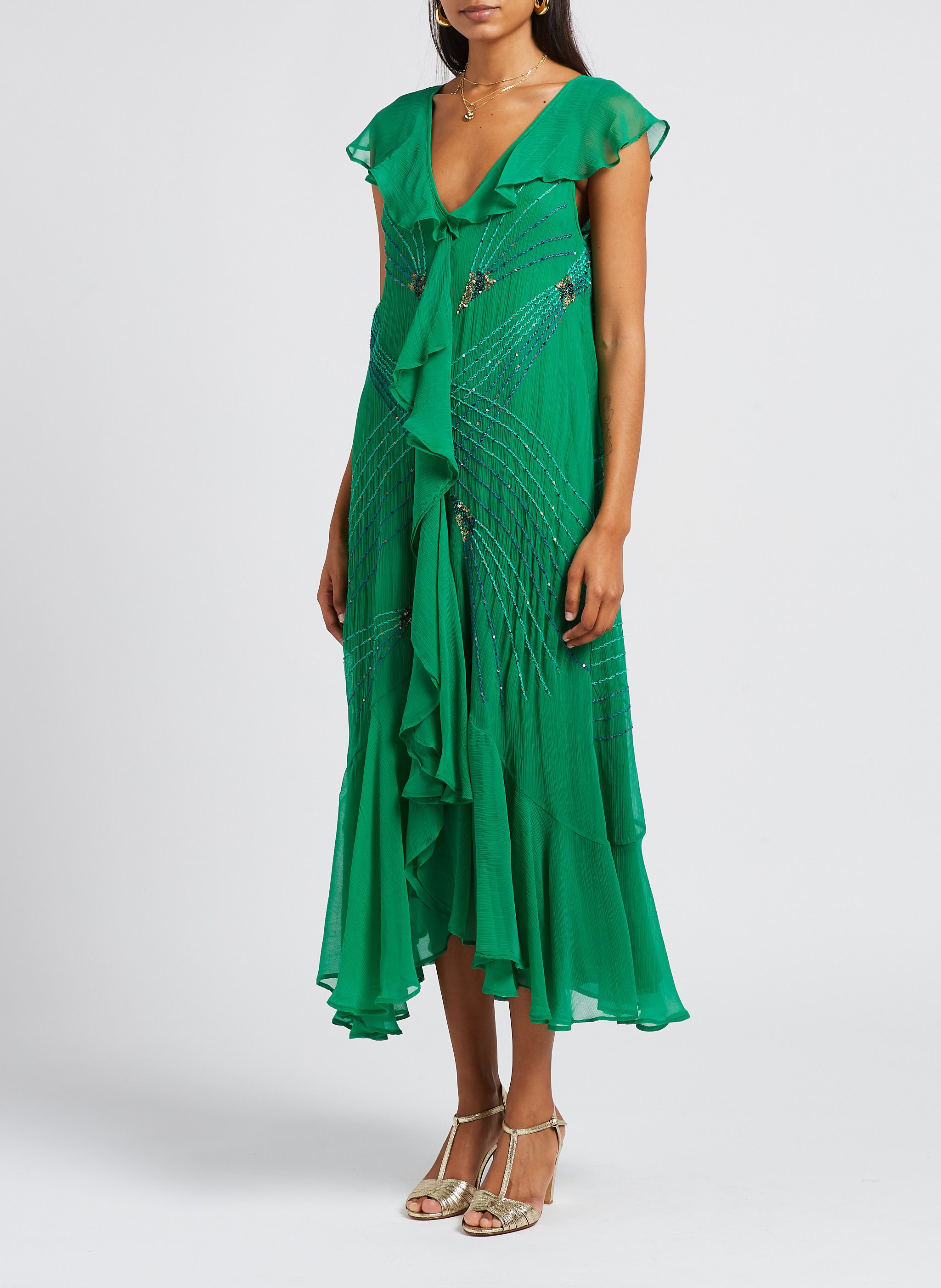Robe longue volantée à sequins MES DEMOISELLES Vert