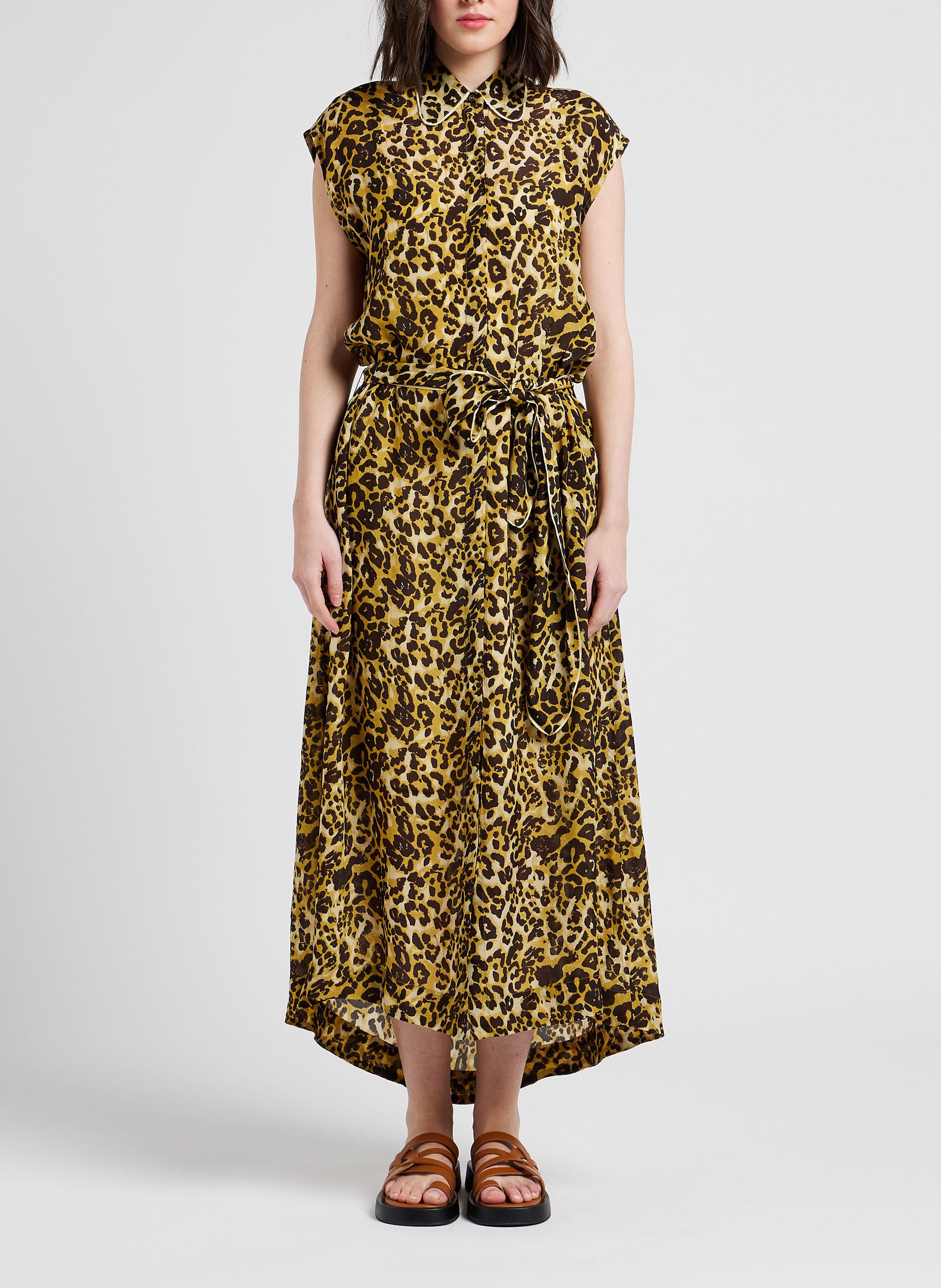 Robe longue col classique imprimée léopard  SWILDENS Blanc