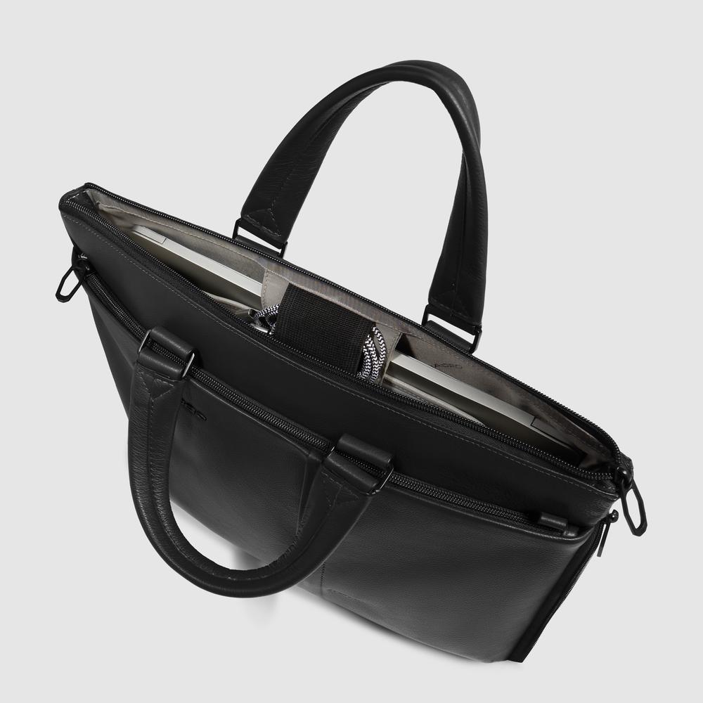 Slim leather laptop bag with iPad® compartment and shock protection PIQUADRO Black