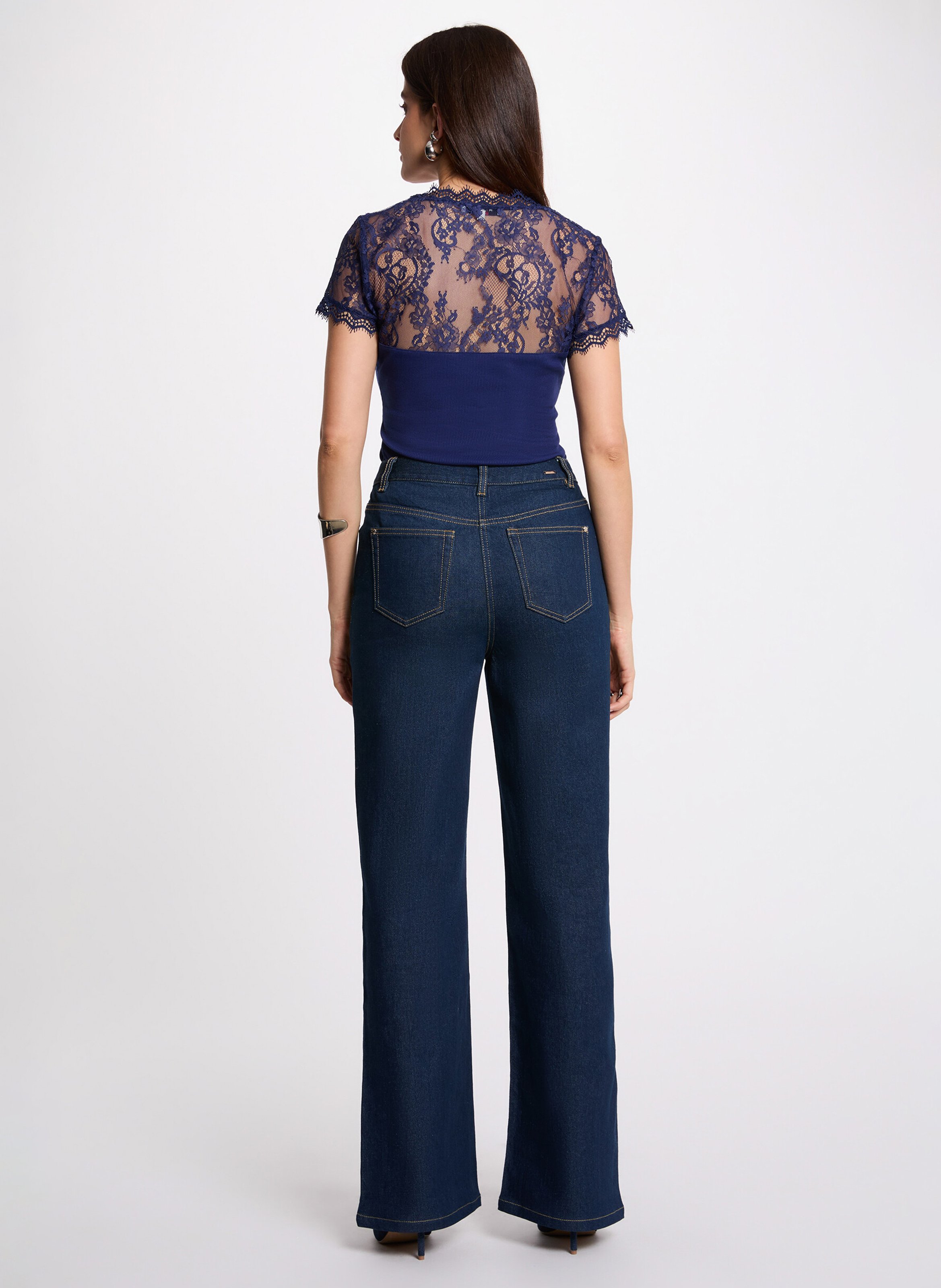 Crepe and lace V-neck t-shirt Blue