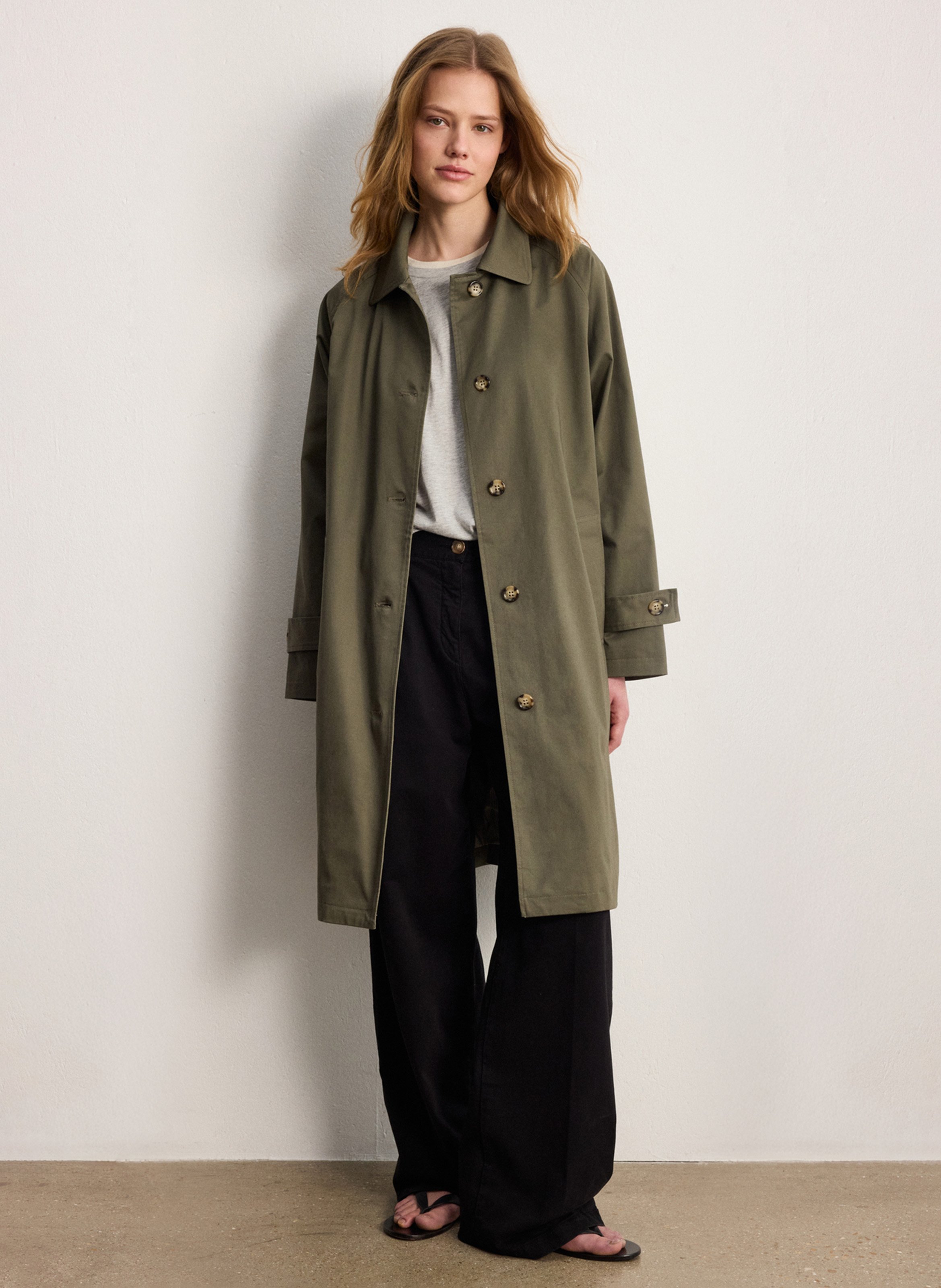 Straight coat with classic collar in blended cotton PABLO Khaki
