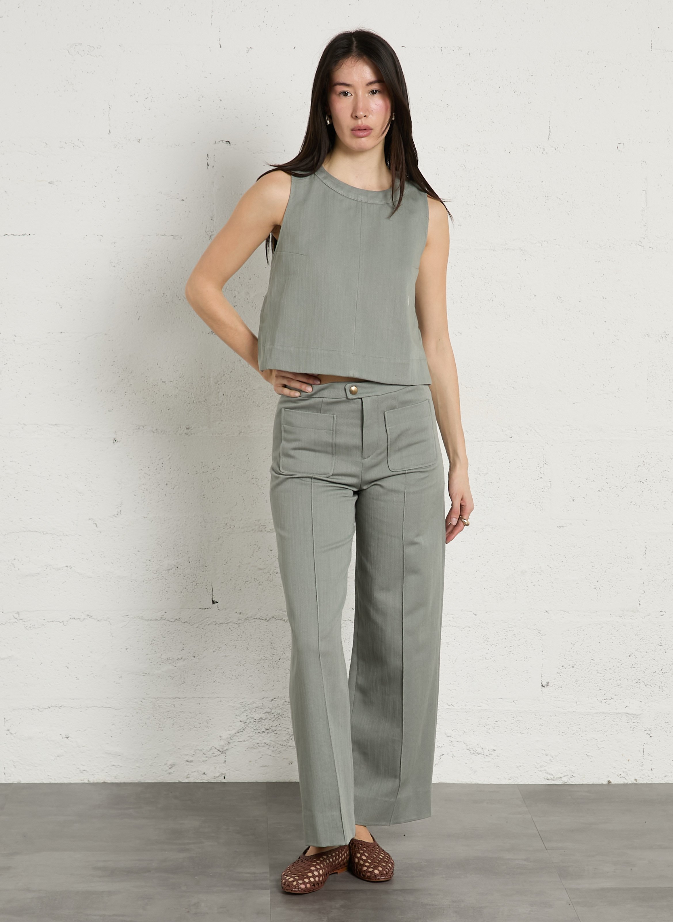 Round-neck sleeveless cotton top SOEUR Green