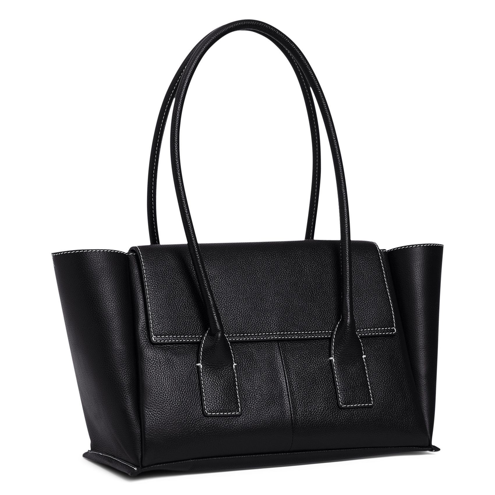 Plain leather flap tote bag LE TANNEUR Black