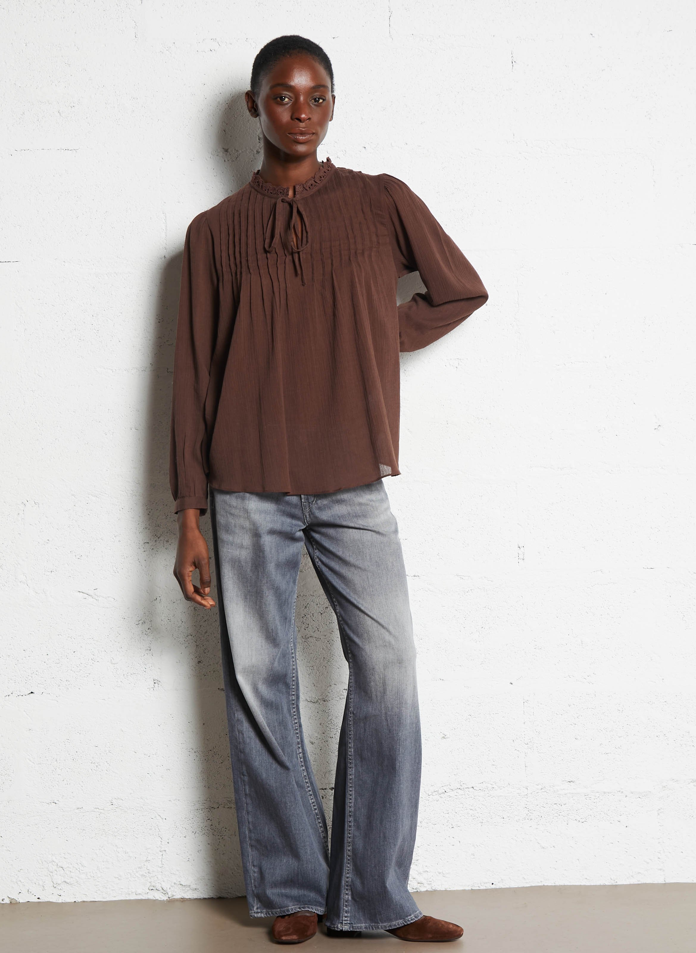 Blouse col tunisien  SUD EXPRESS Marron