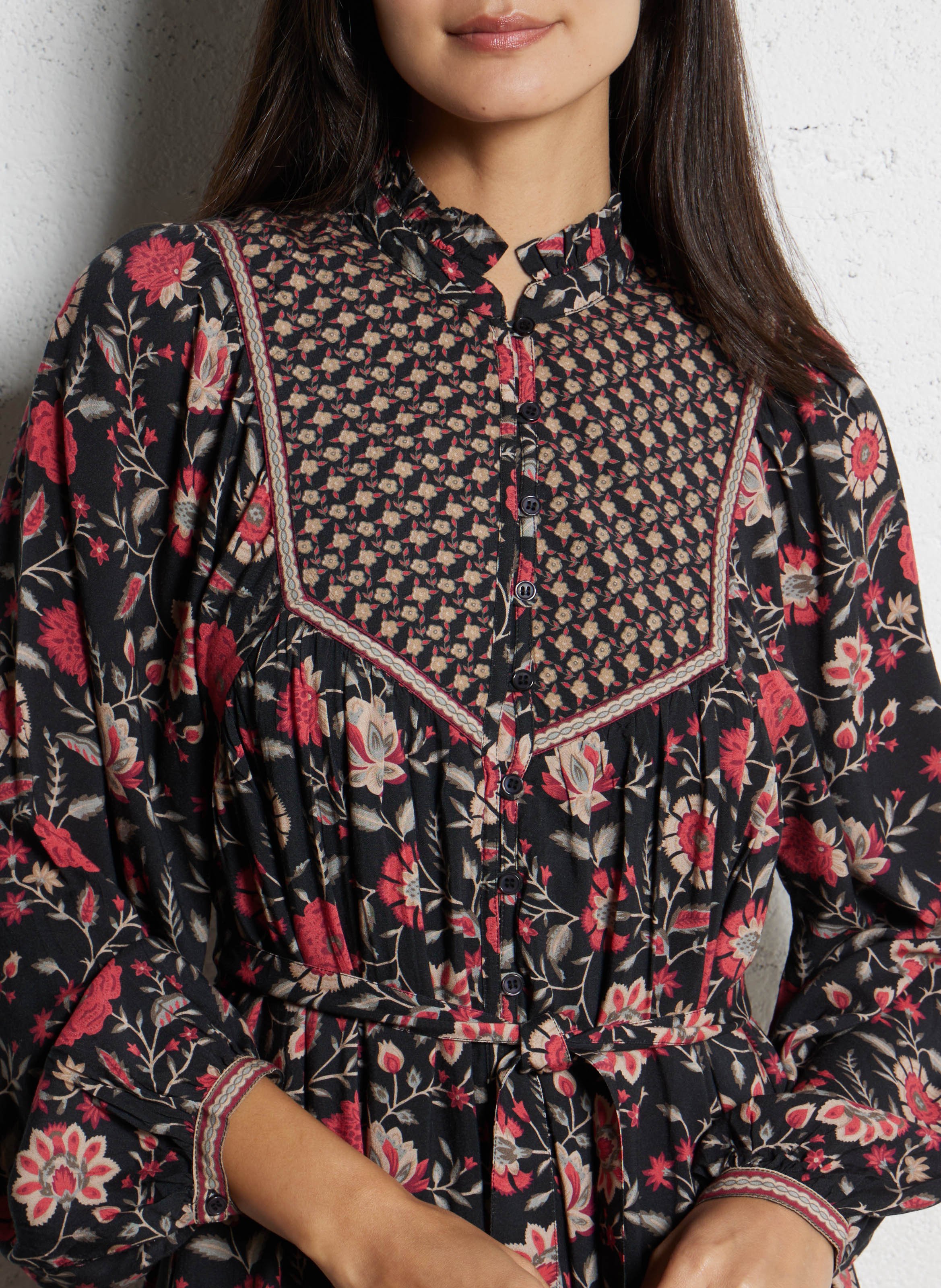 Long dress with floral print and Victorian collar PETITE MENDIGOTE Black