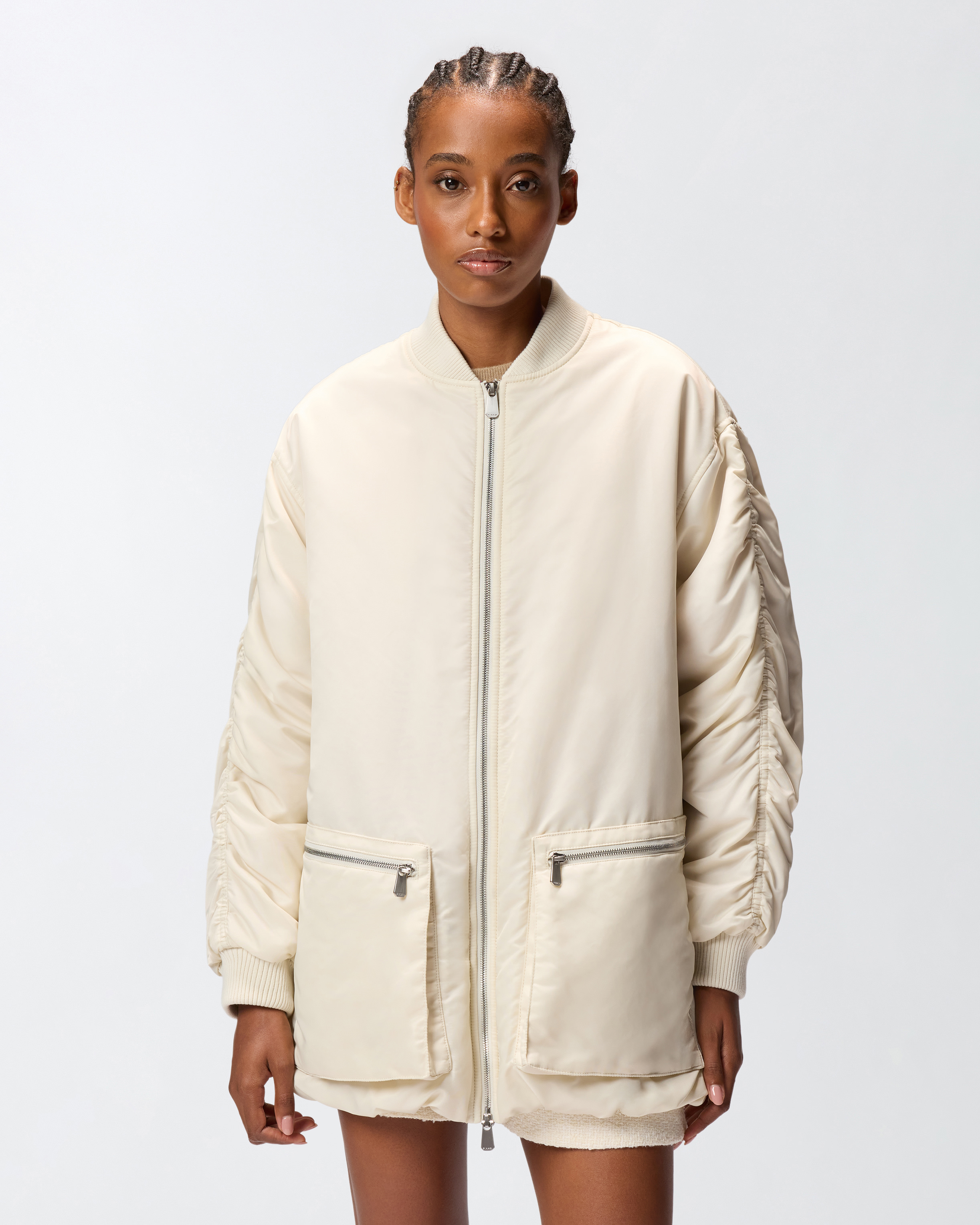 Long technical satin bomber PINKO White