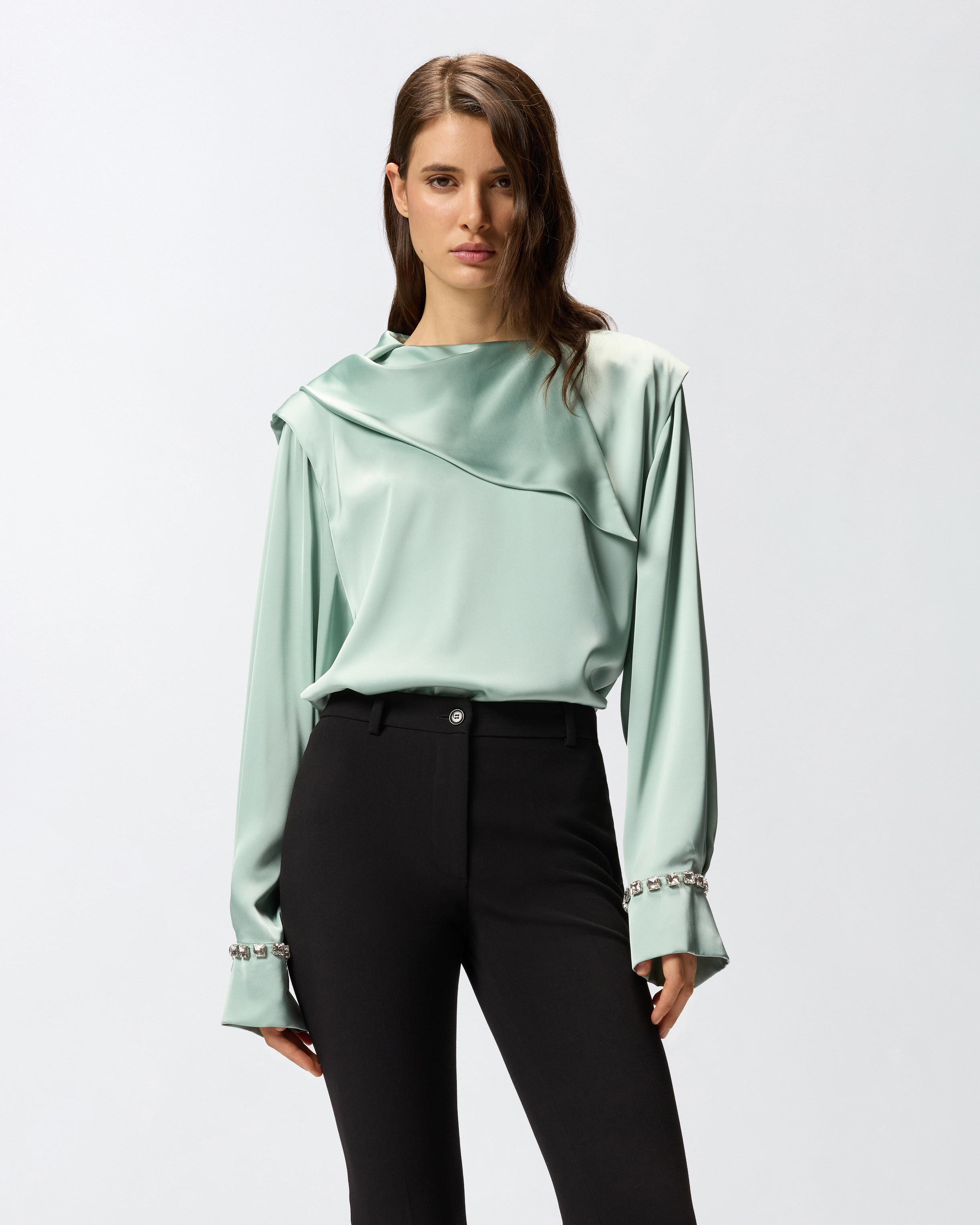 Blouse with draped collar and jewel details PINKO Grey