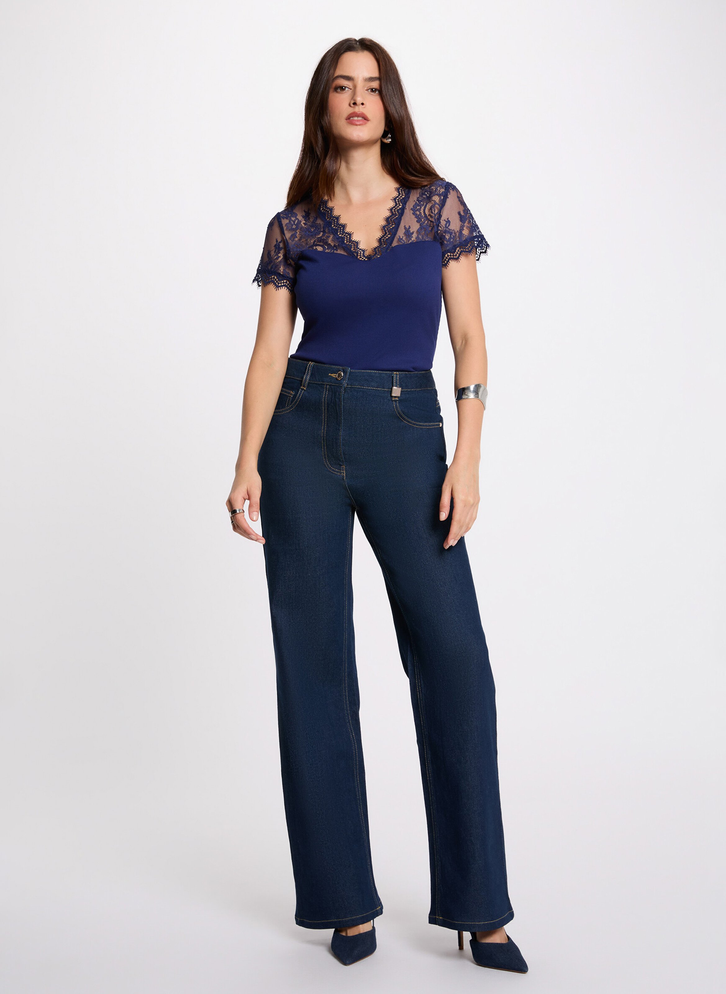 Crepe and lace V-neck t-shirt Blue