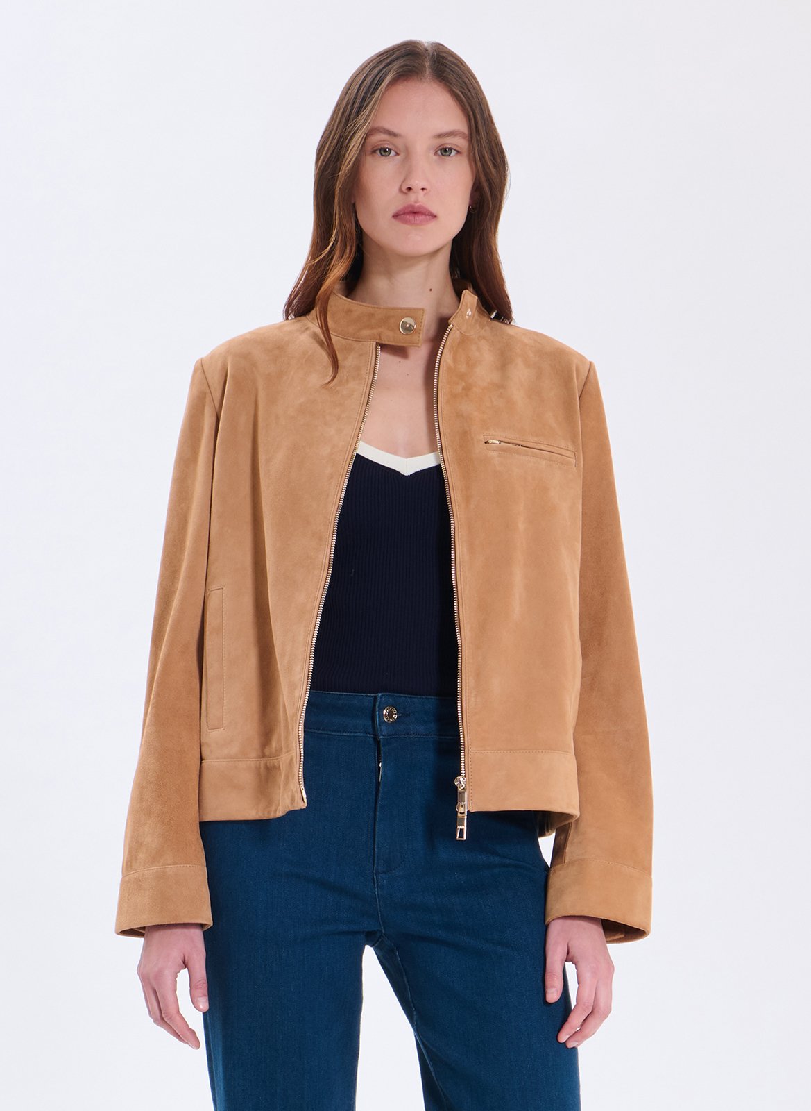 Veste col montant en cuir  ZAPA Beige