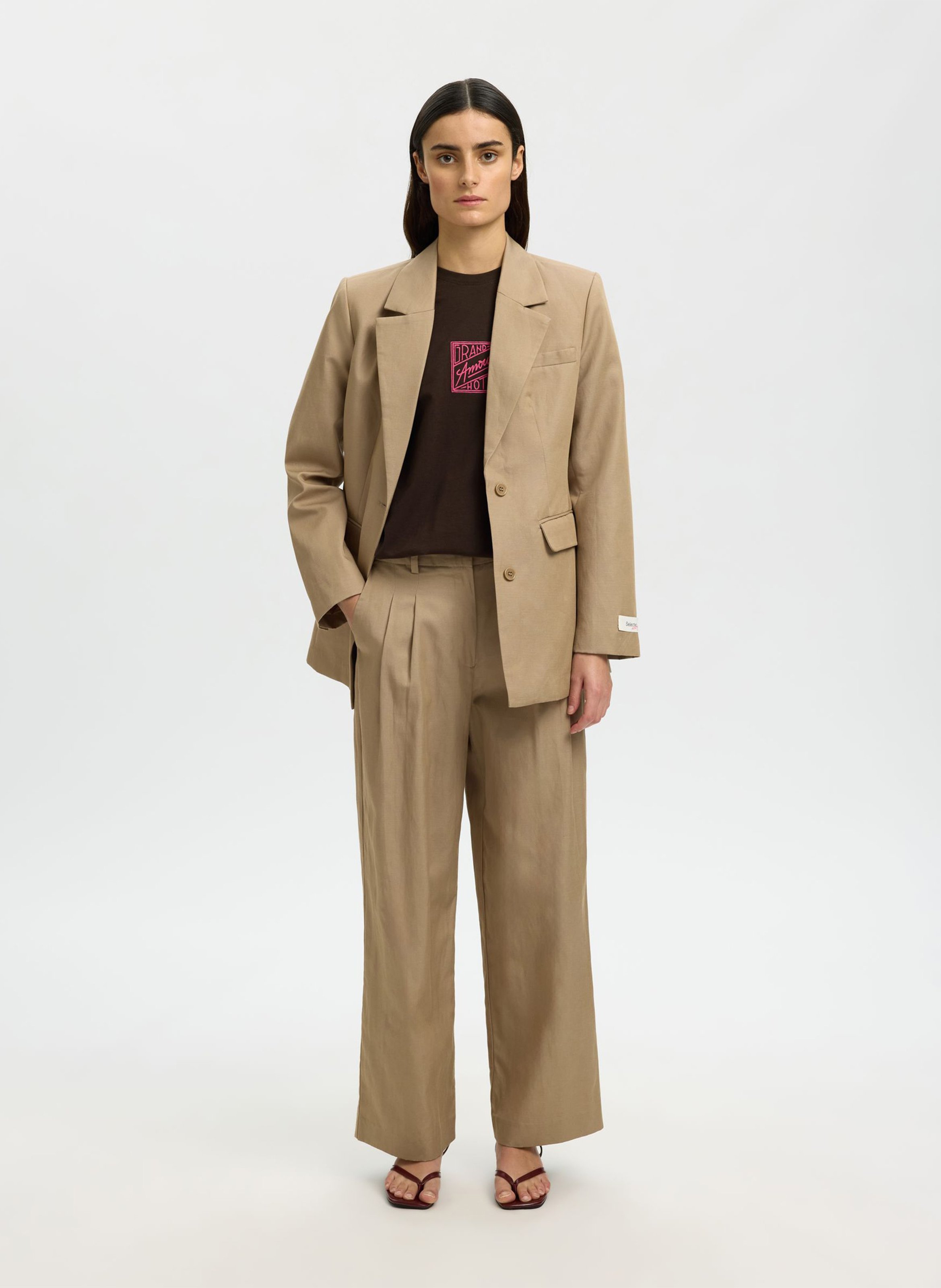 Round-neck organic cotton T-shirt SELECTED Brown