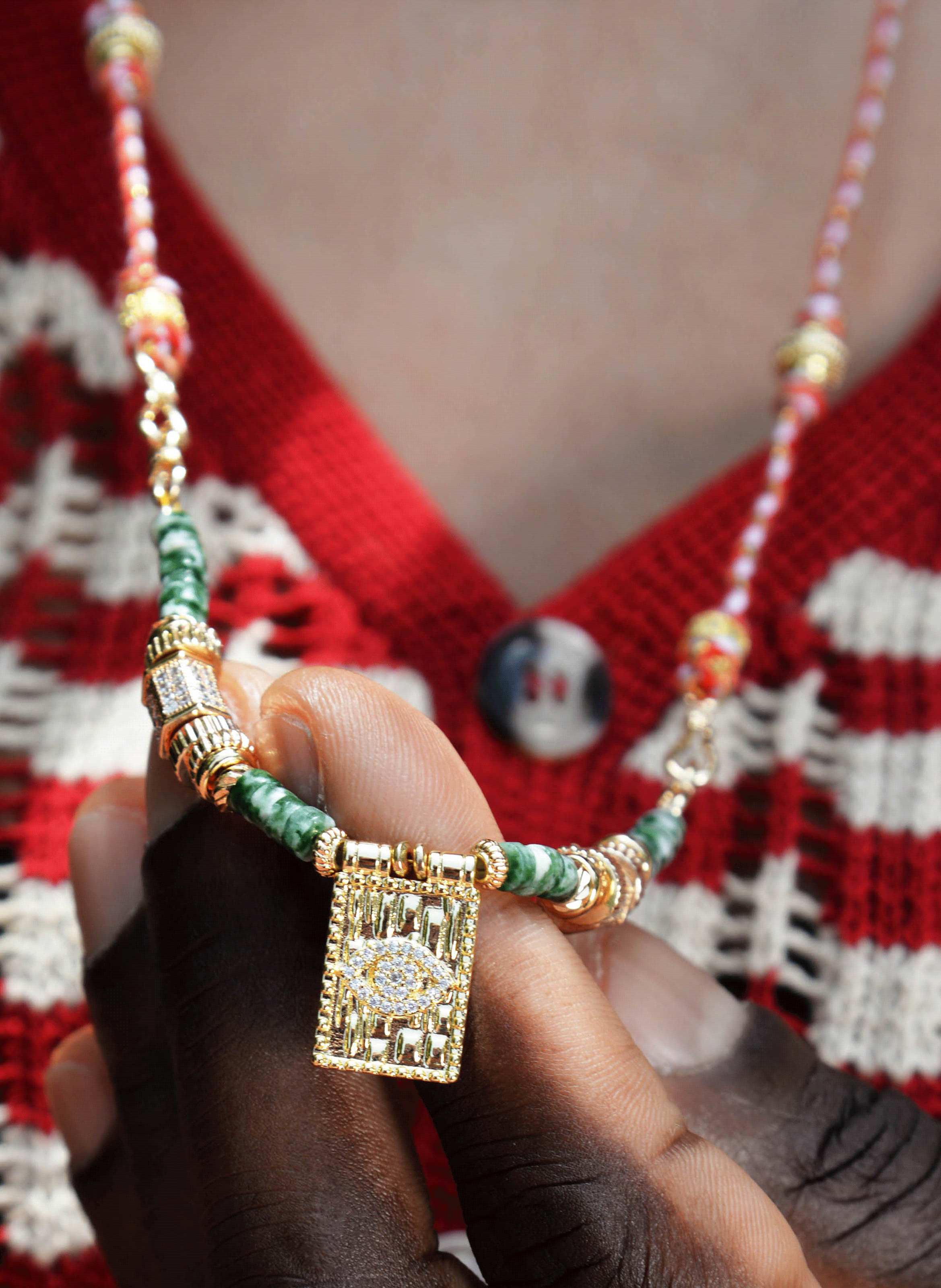 Long necklace with polyester cord and beads HIPANEMA Green