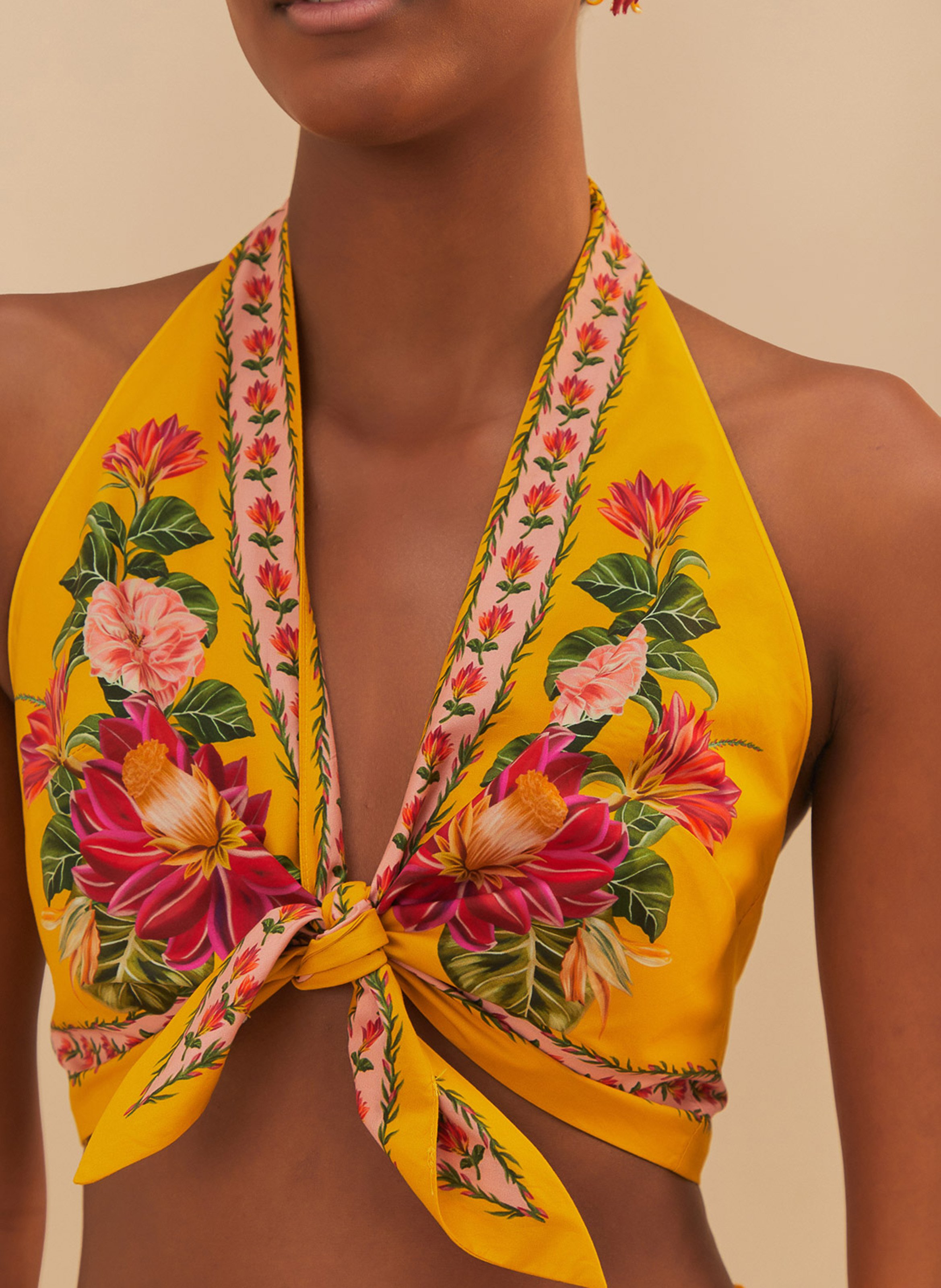 Floral print high-neck top FARM RIO Yellow