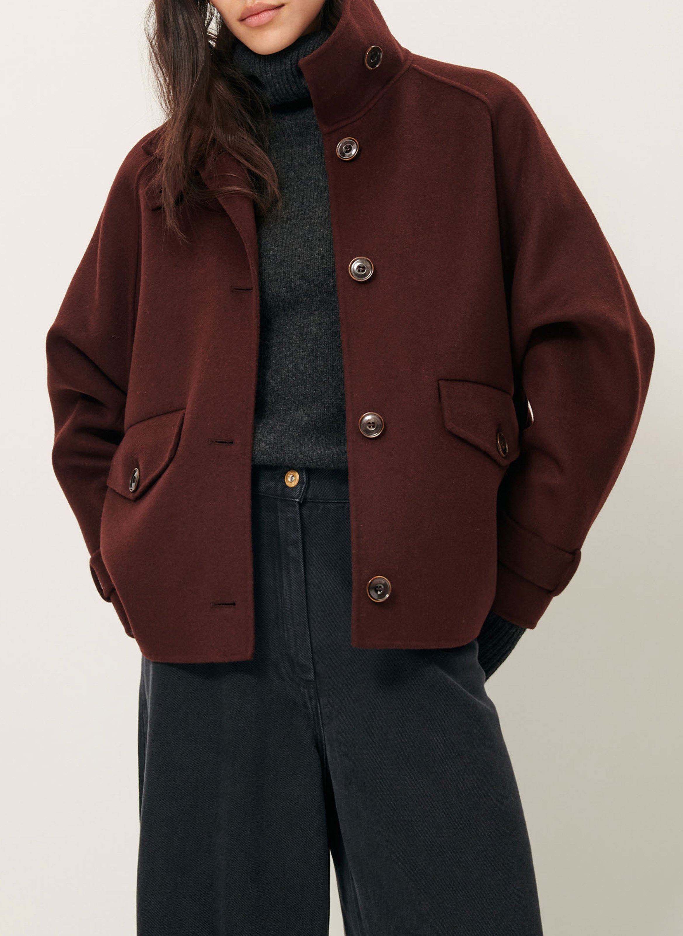 Kurzer Wollmix-Mantel mit Stehkragen Braun SESSUN