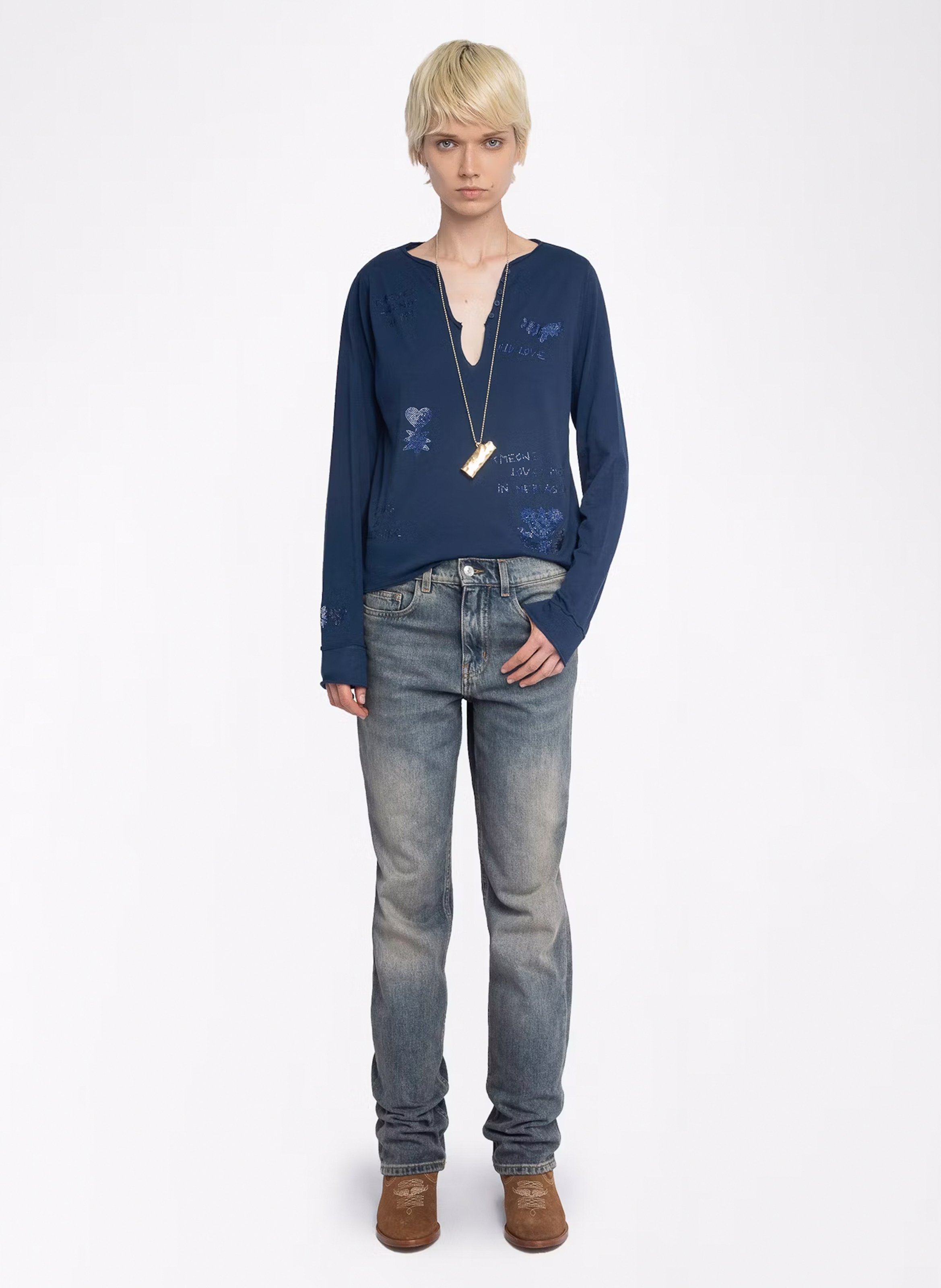 Tee-shirt droit manches longues à strass ZADIG&VOLTAIRE Bleu