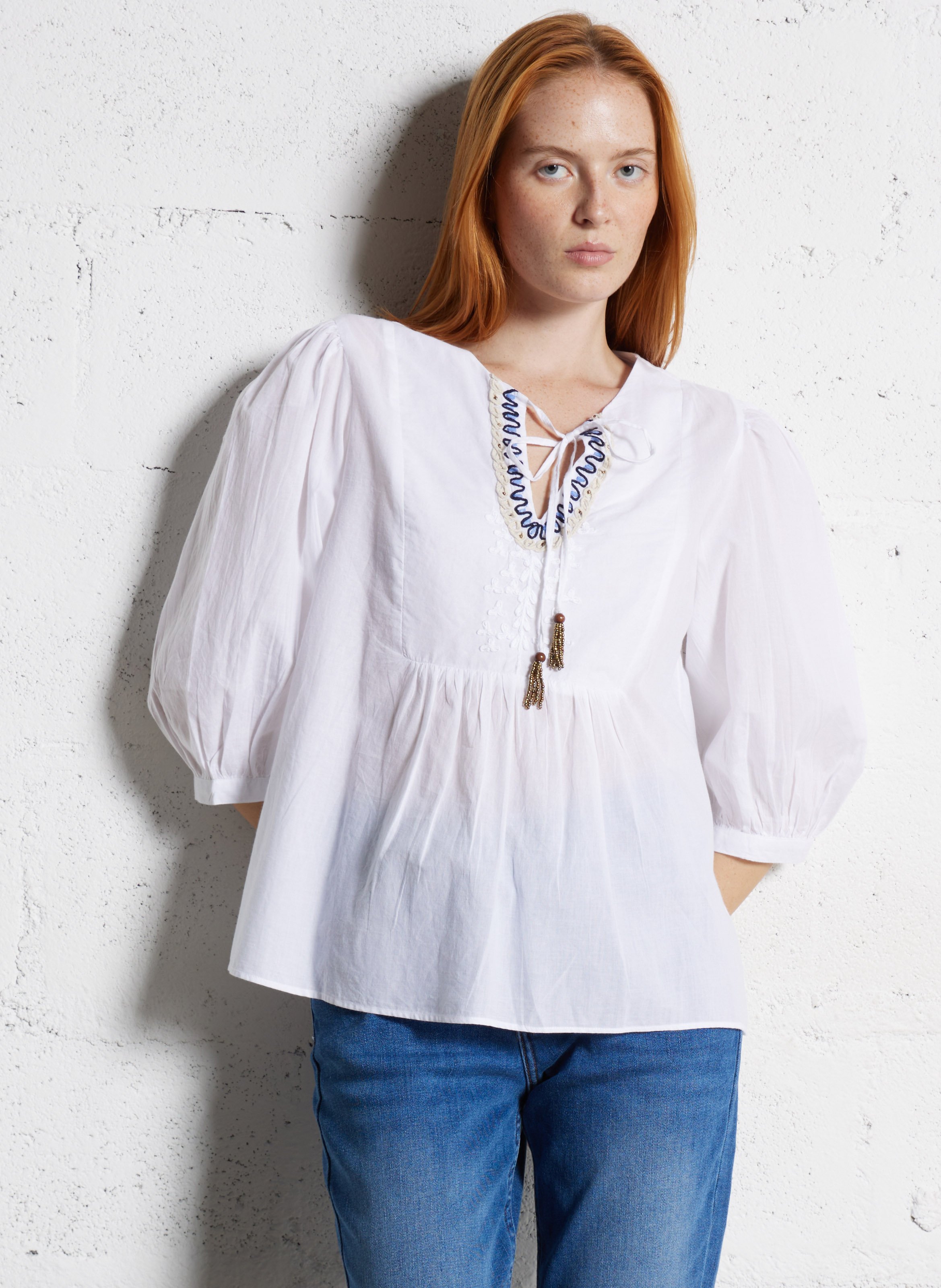 Blouse col tunisien brodée en coton SUD EXPRESS Blanc