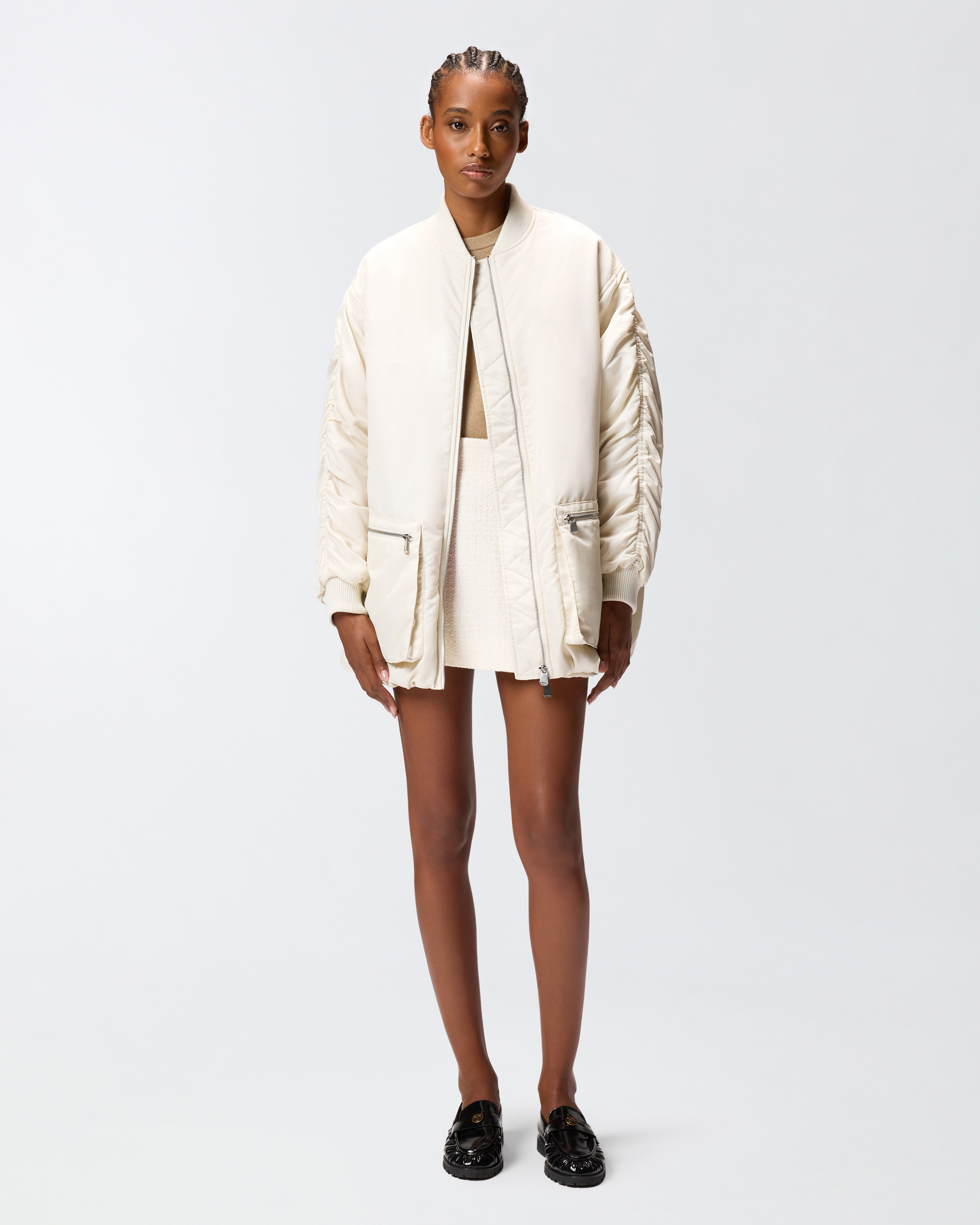 Long technical satin bomber PINKO White